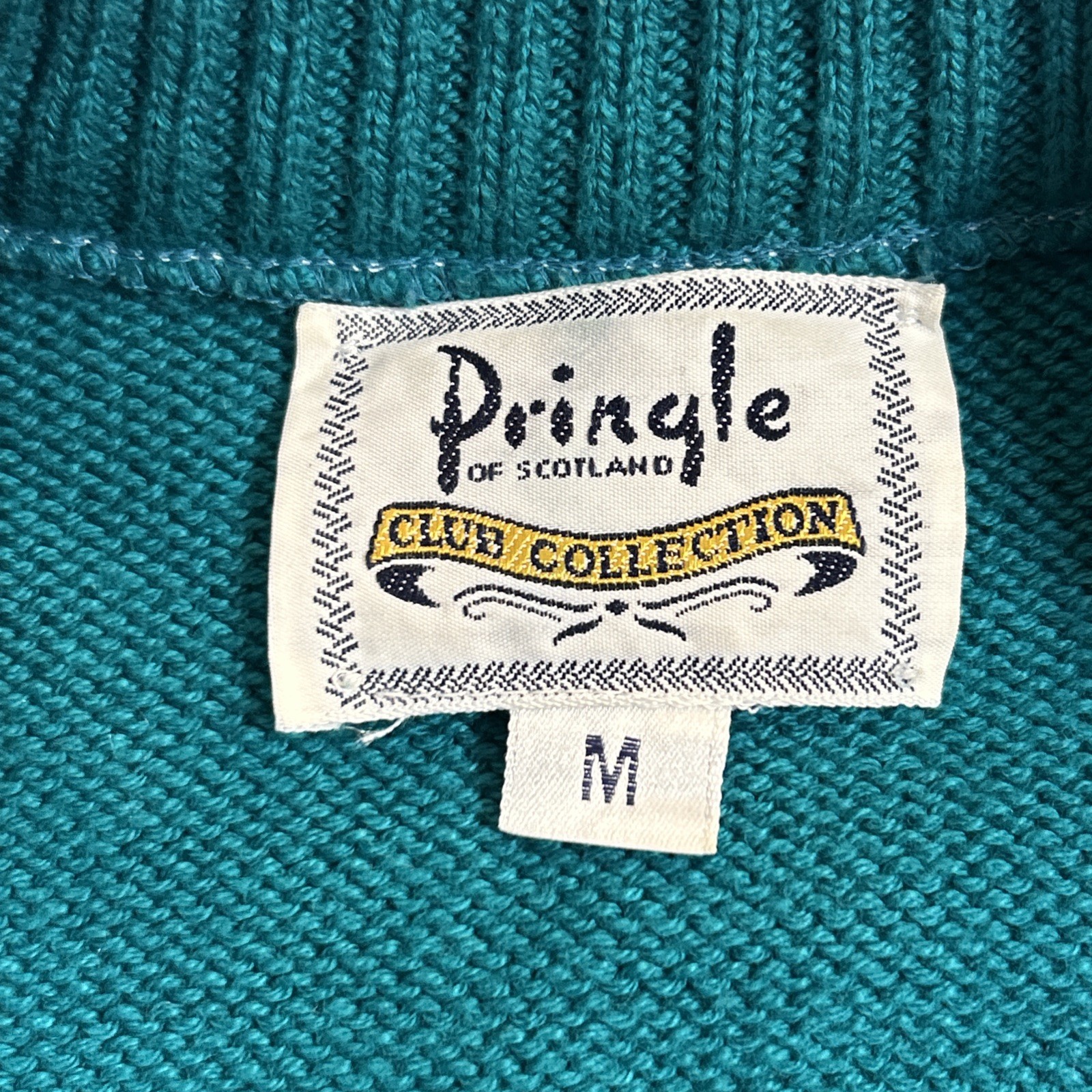 Pringle Scotland Sweater Sz M Teal Pure Cotton VNeck Embroidered Golf Vintage