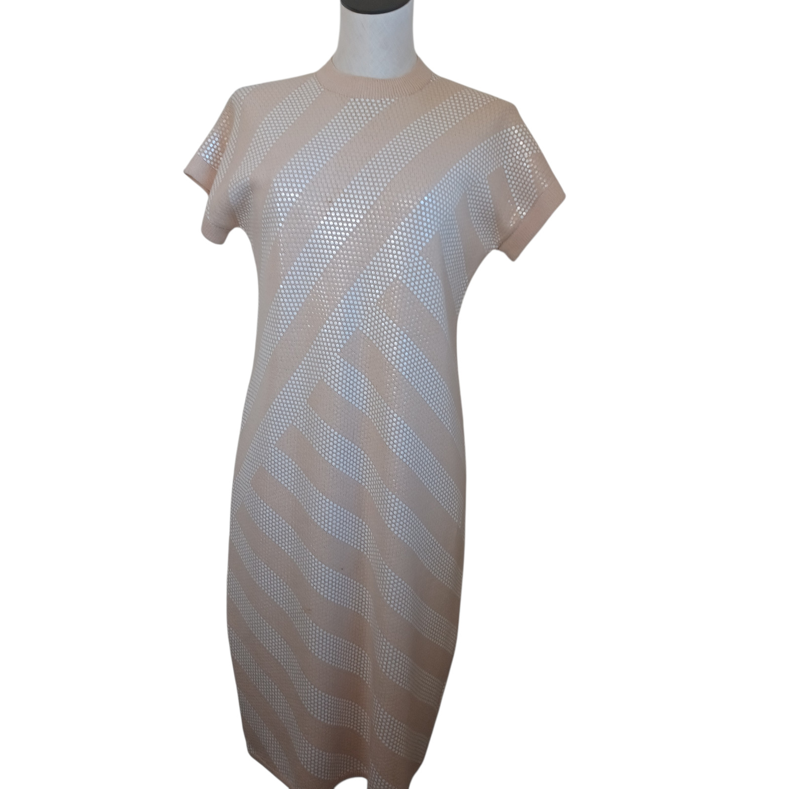 St John Saks Fifth Avenue Vintage Knit Sequin Geometric Dress Peach Sz 10 USA