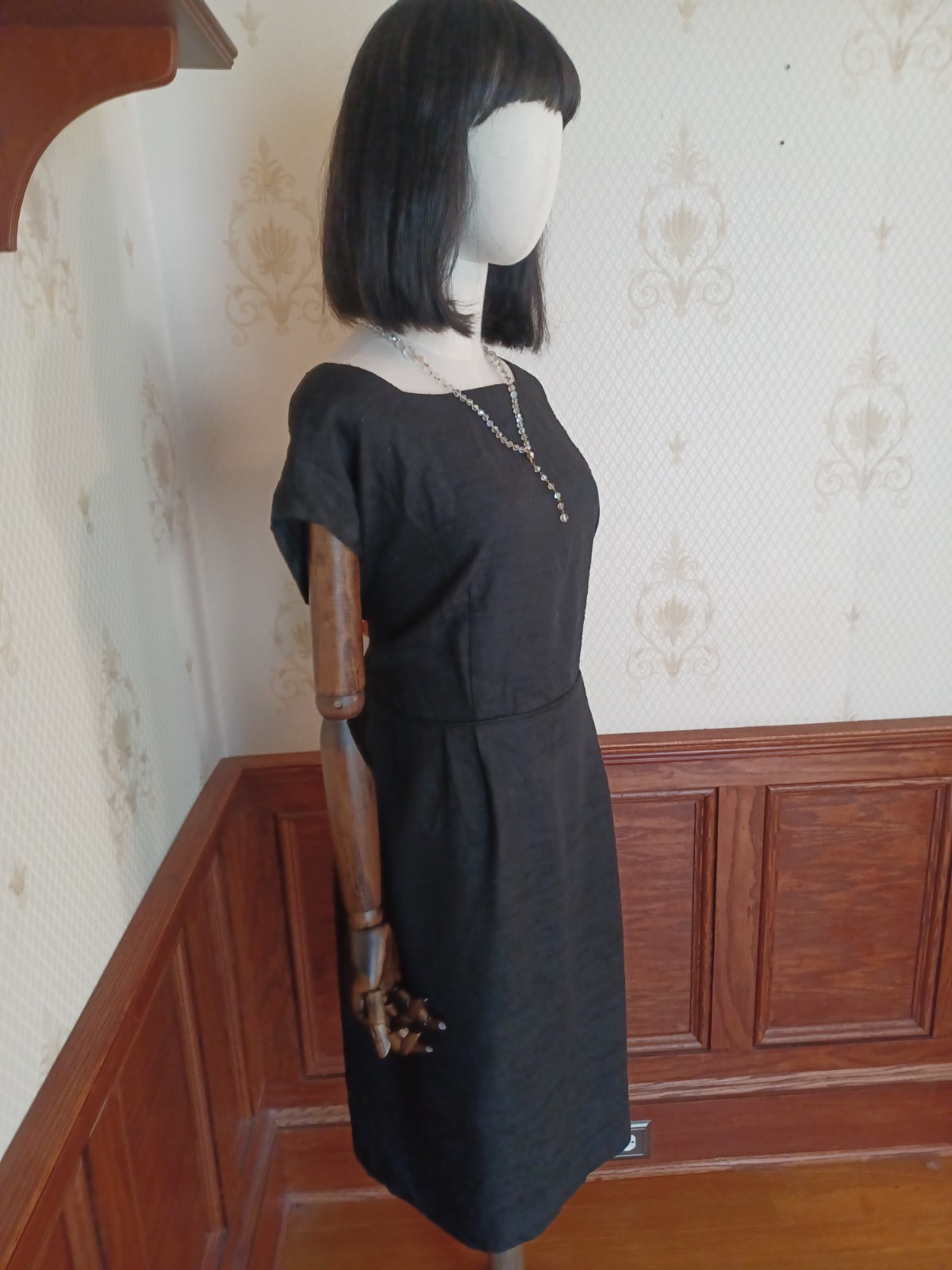 Vintage Mid-century Slubbed Black Cotton Little Black Cocktail Dress, size XL