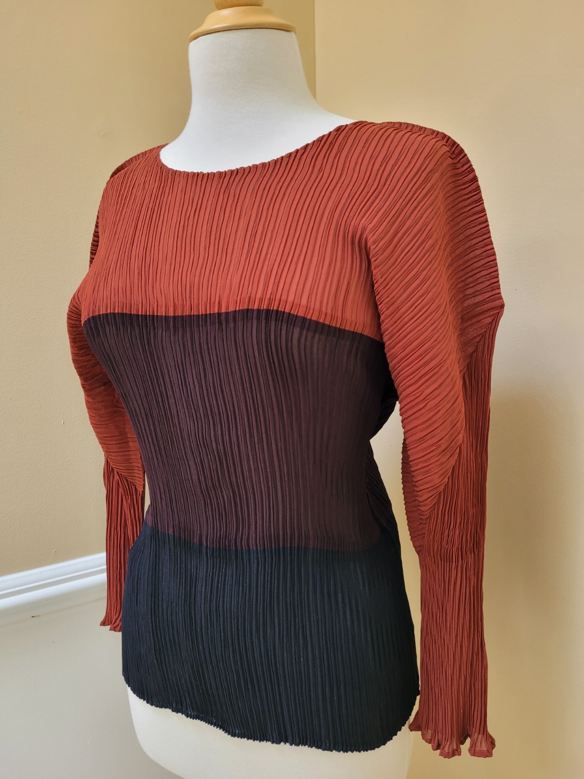 RARE Issey Miyake Pleated Dolman Sleeve Color Block Blouse Top Rust Brown Black