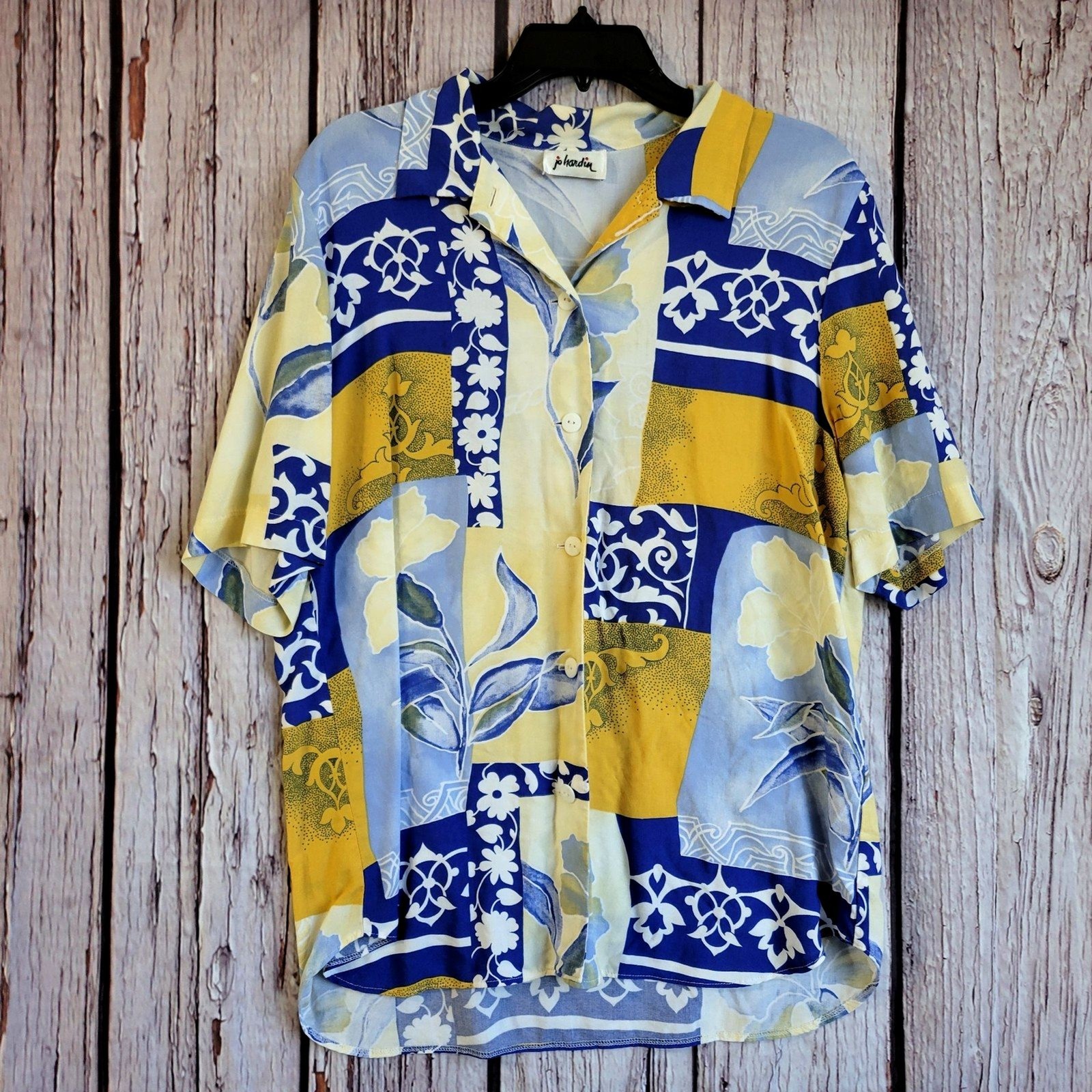 Jo Hardin Vintage 1980s Blouse Womens Shirt Patchwork Rayon Button Beach Aloha