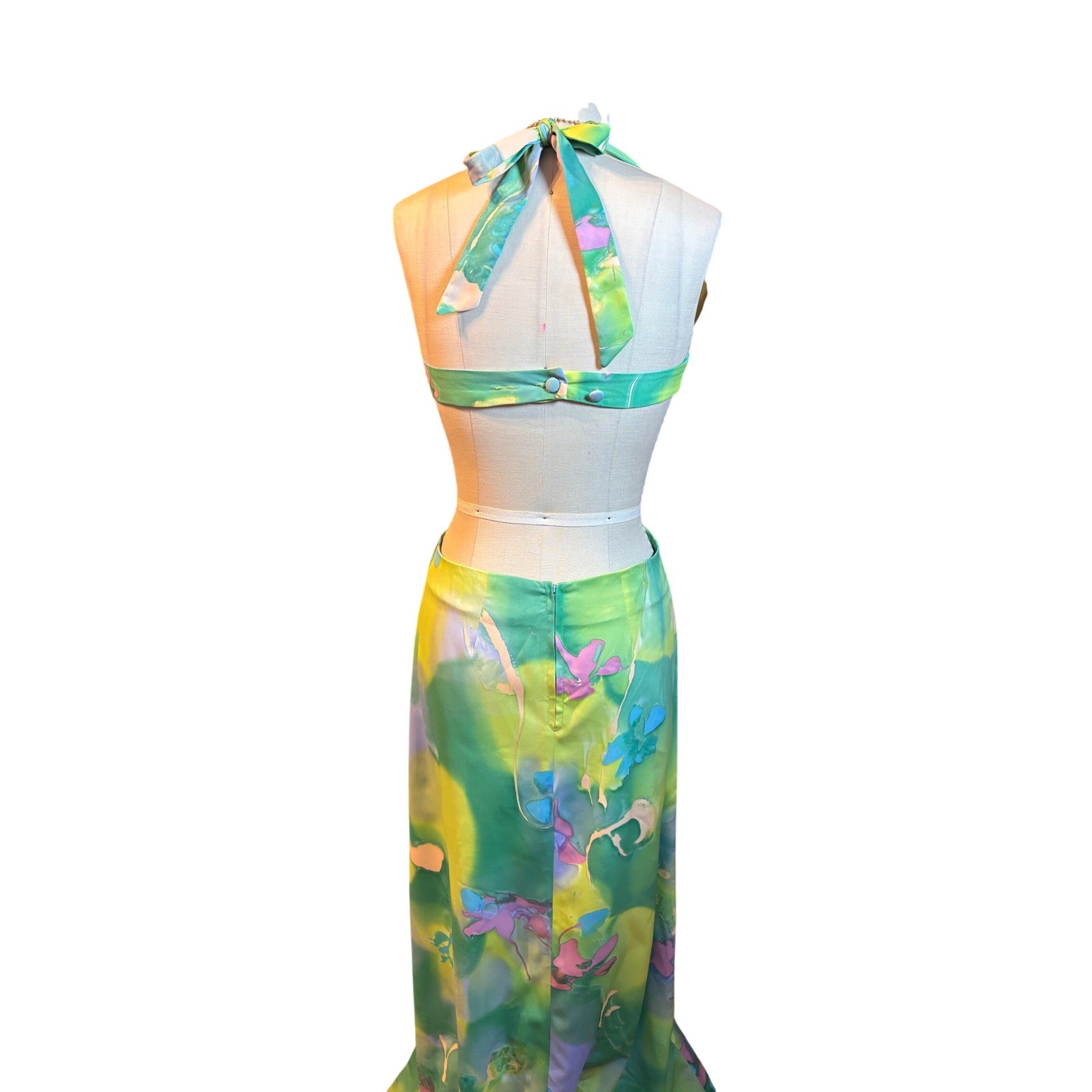 Watercolor Abstract Maxi Dress Set Halter Cutout Bolero Hippie Green Vintage