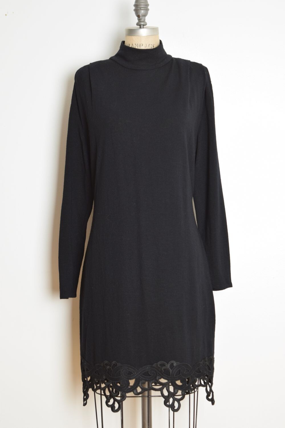 vintage 90s dress black wool knit jersey cutout hem long sleeve midi simple M