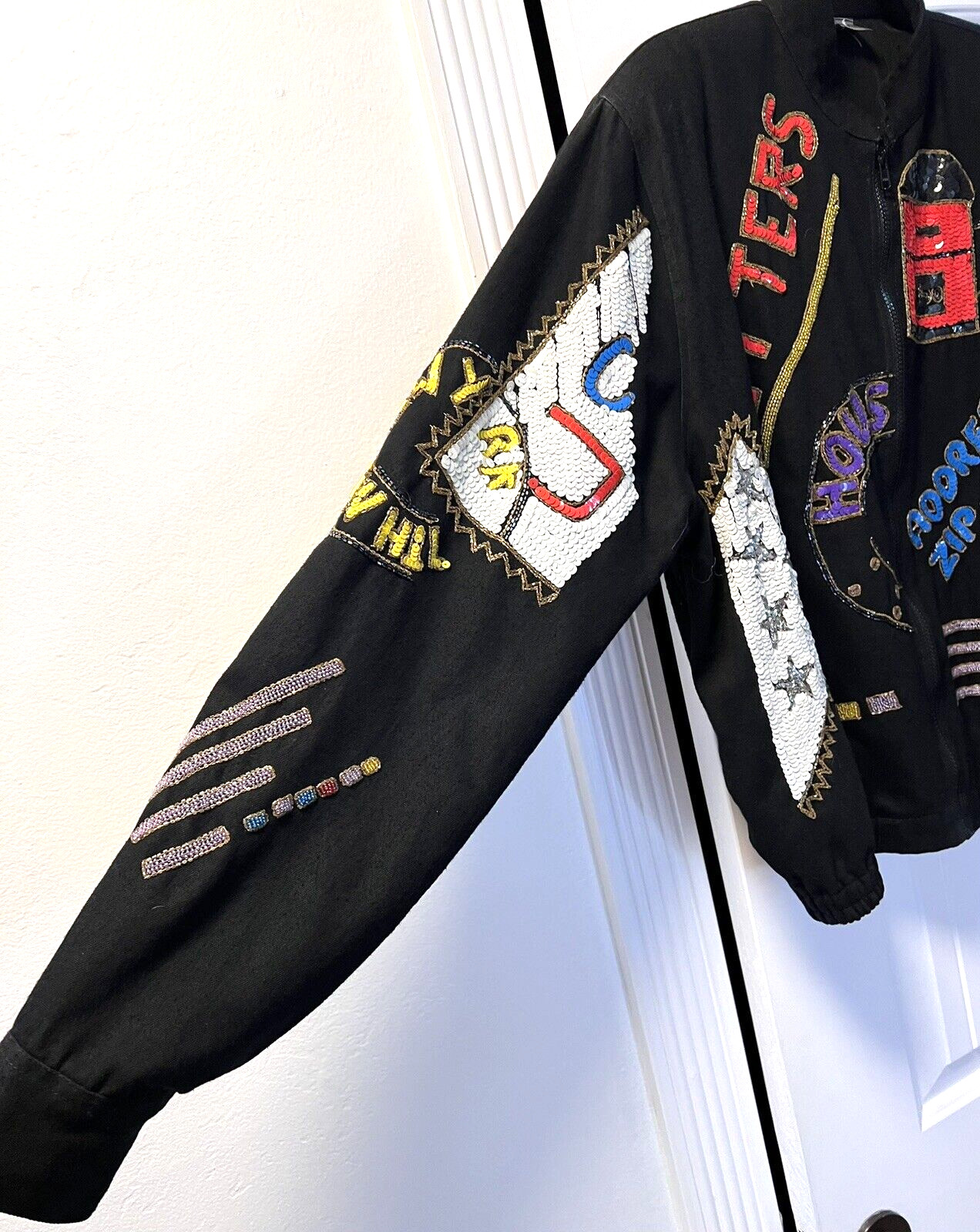 VTG 80’s MODI DENIM – US POSTAGE- Sequin Embellished Bomber Jacket Size 10/12