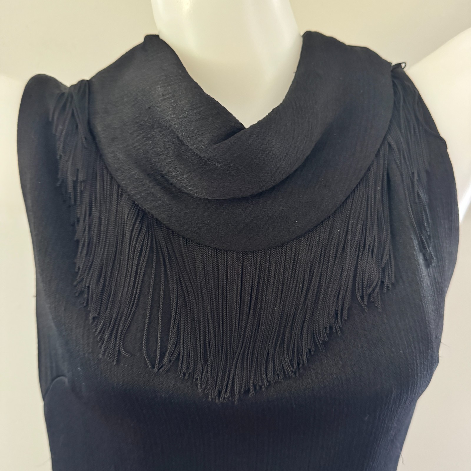 vtg 60s MISS THEME NY Black Go-Go Dancer FRINGE Mini Shift Dress Costume Mod LBD