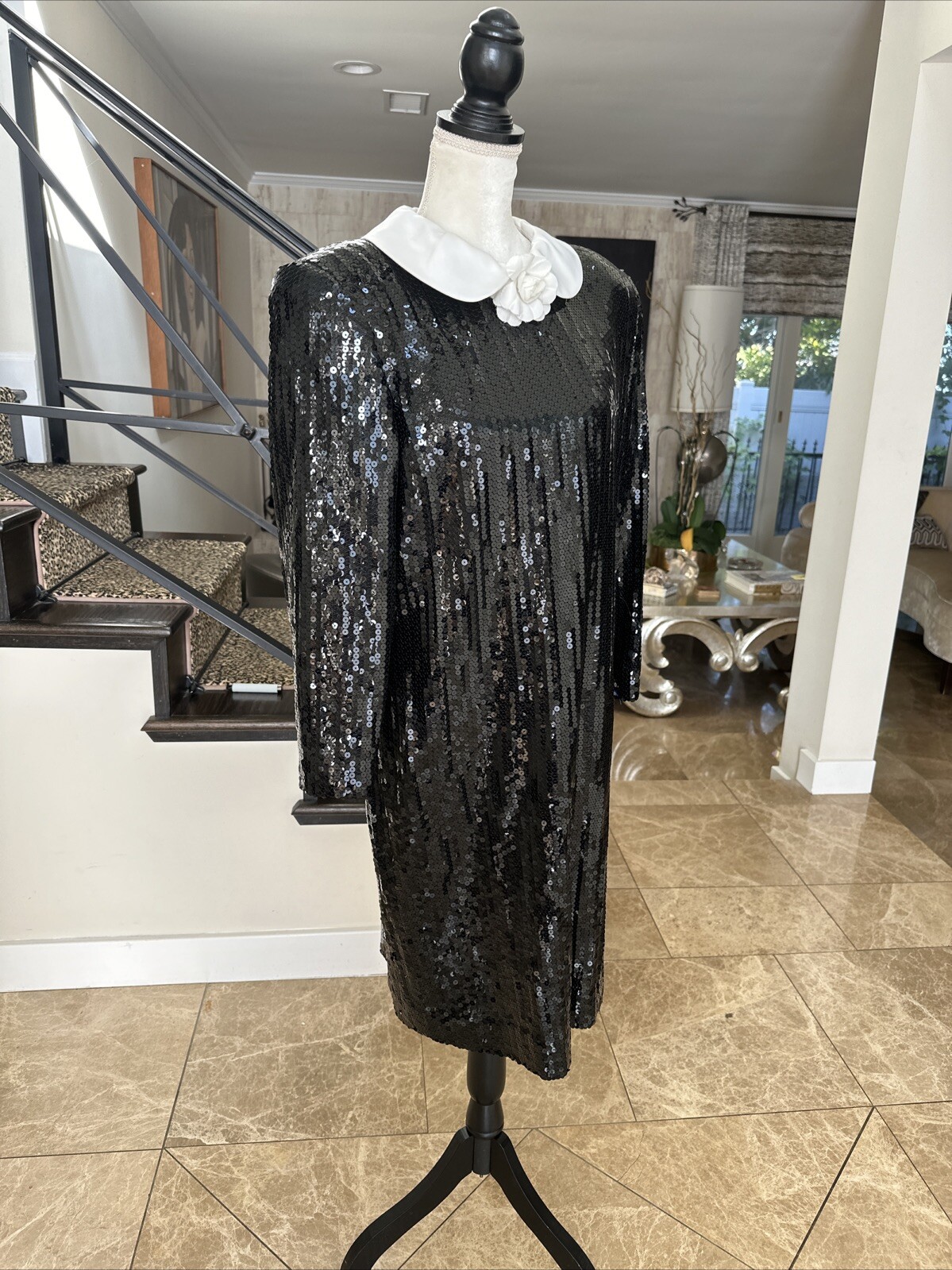 Jill Richards Chic 80s Black Sequined Sheath Dress White Collar & Rose 14 M