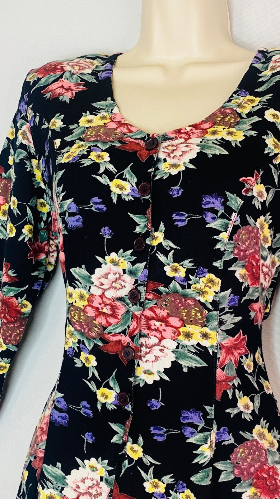 Vintage 1990s black floral mini dress S rayon long sleeve shoulder pads colorful