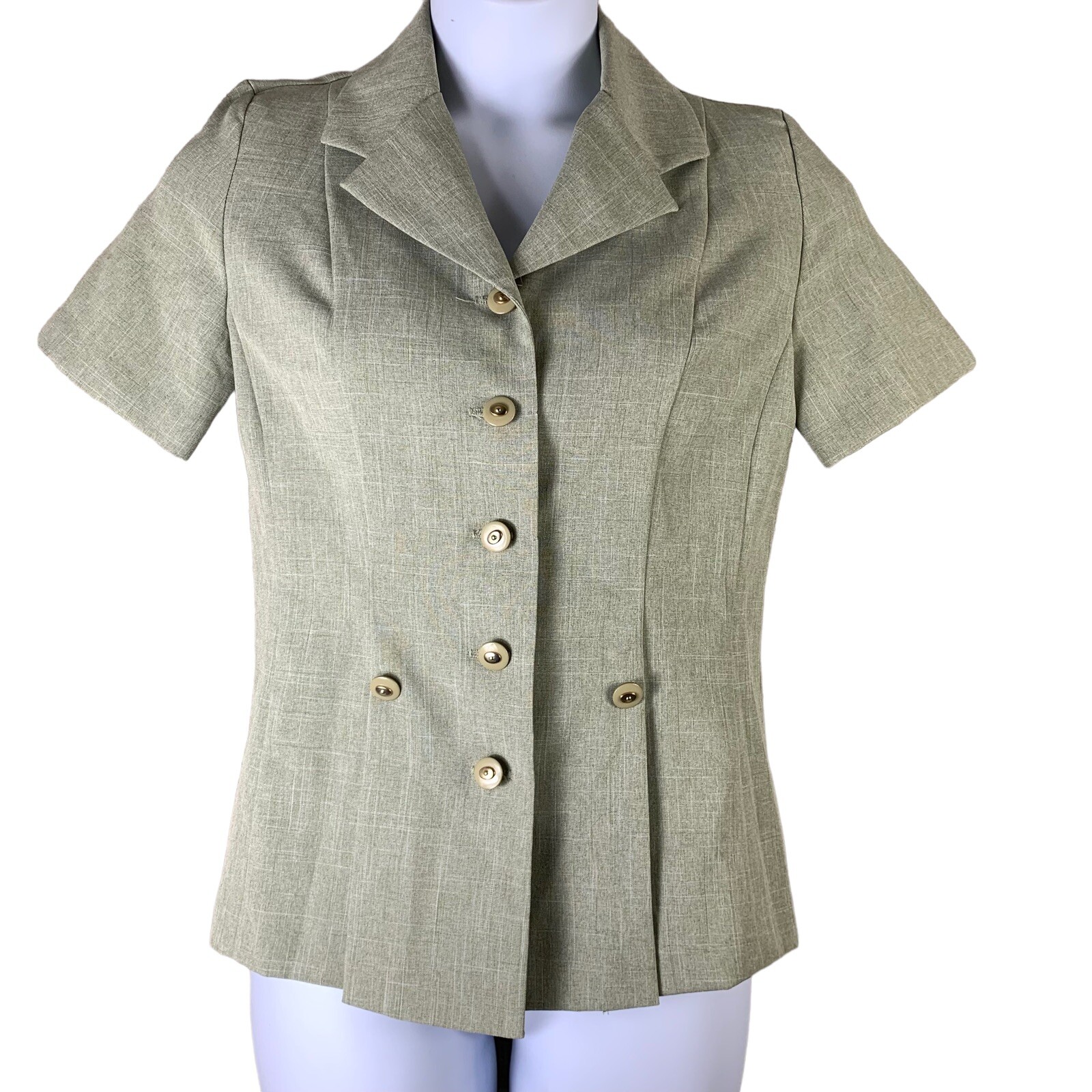 Vintage Sz 10P Button Shirt Short Sleeved Shoulder Pads Green Collar Karis Place