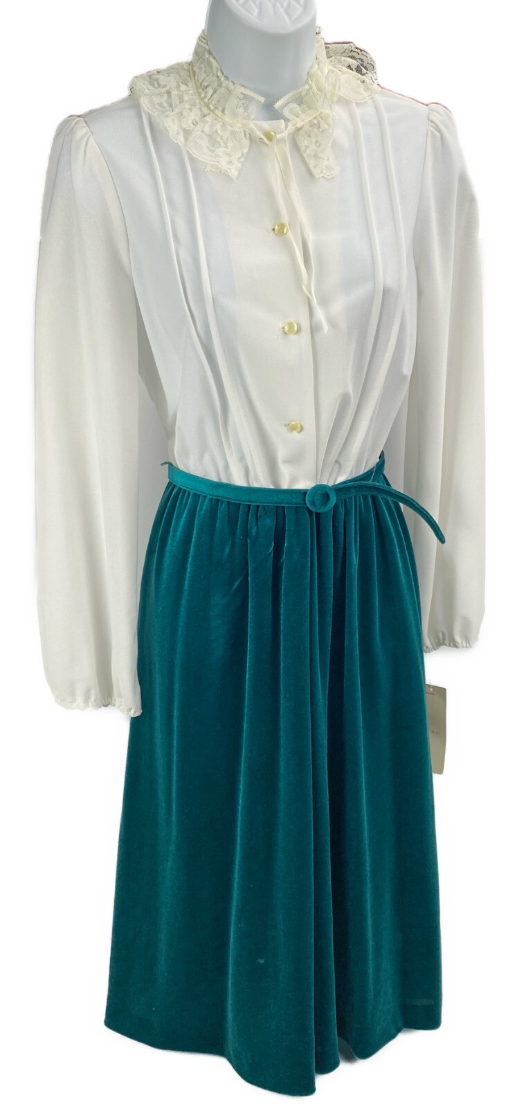 Junior 7 pbj Belted Dress Green Velvet Semi Sheer Top Vtg 70s Church Secretary