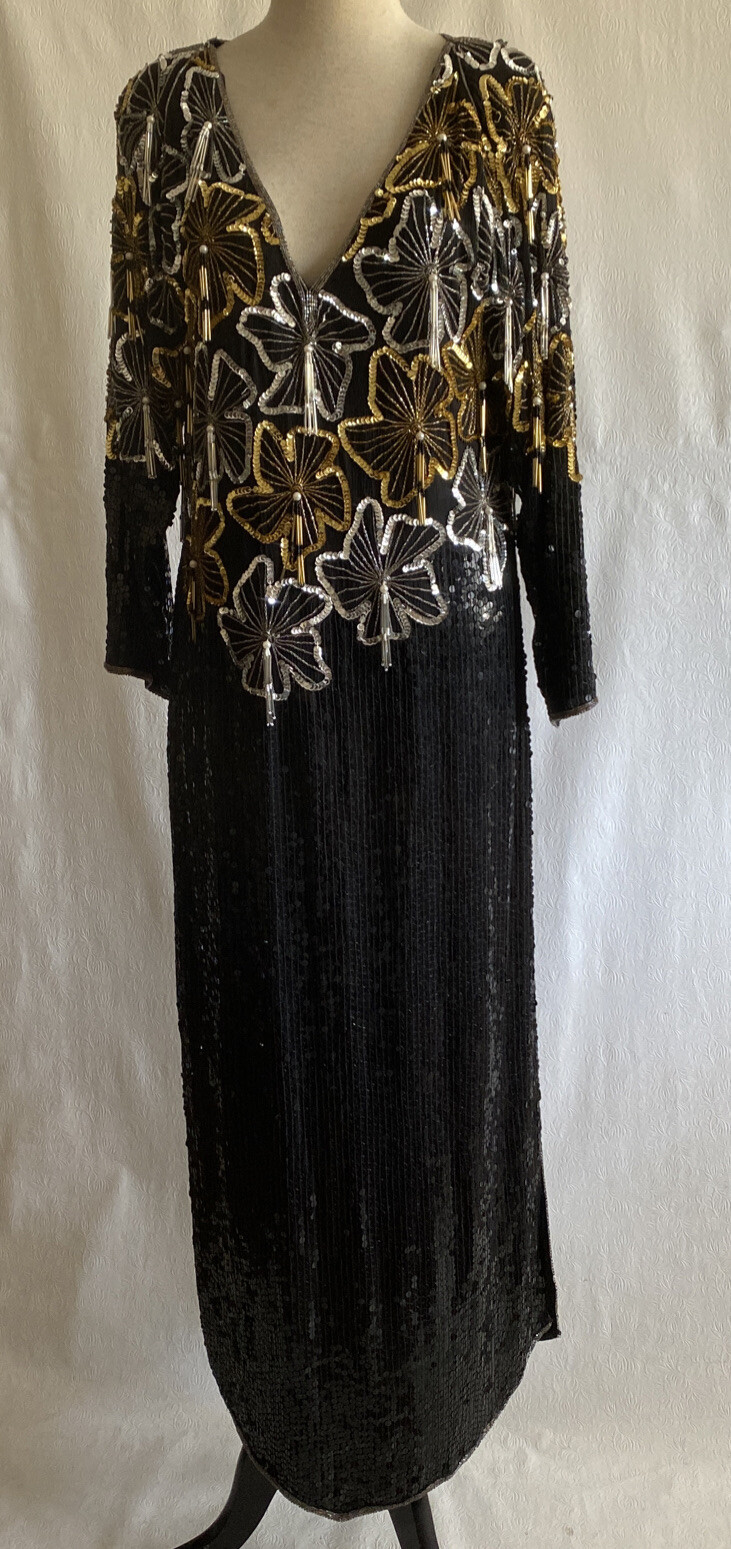 Vintage Jean for Joseph Le Bon Black Silk Sequin Dress Gold Silver 1980’s Size S