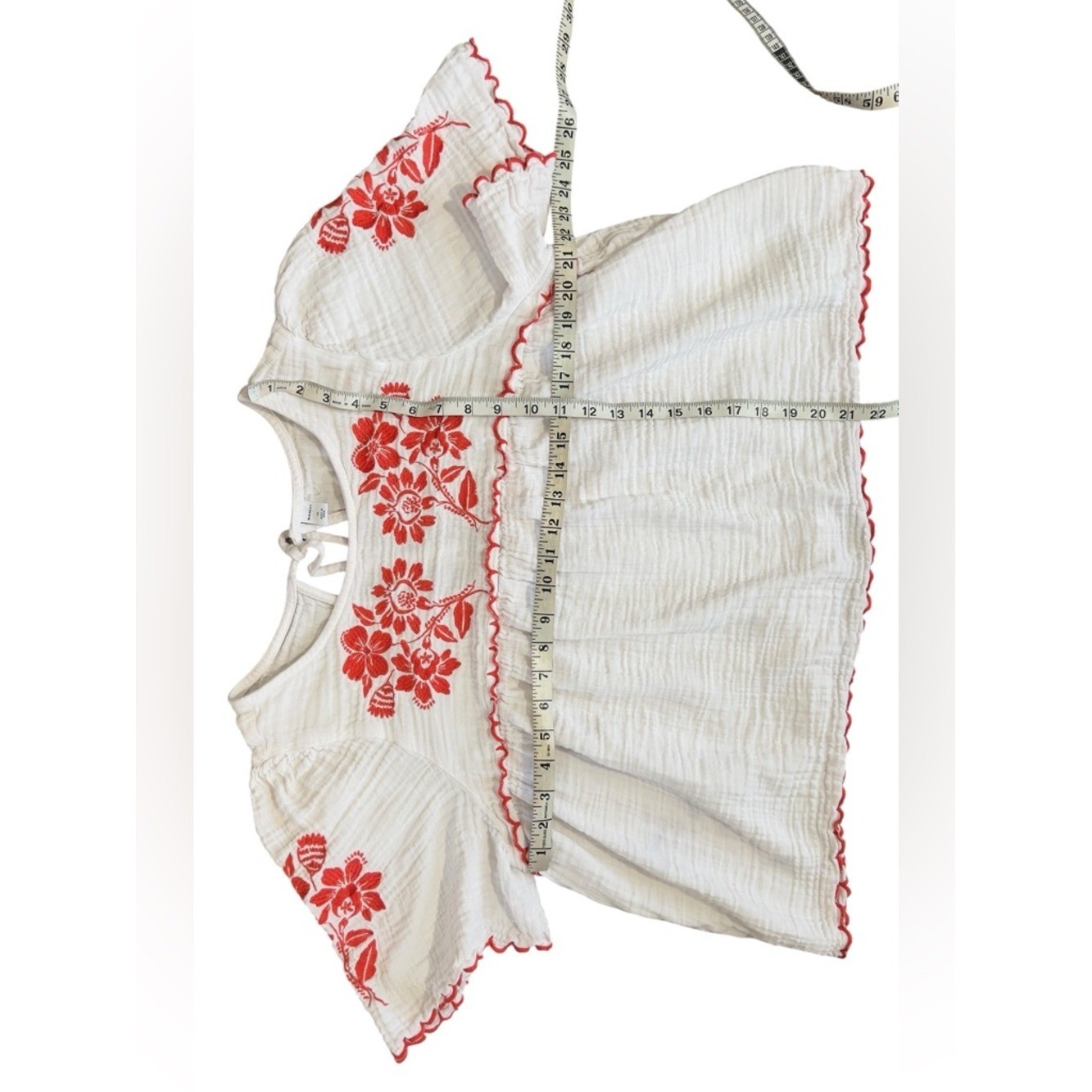 Old Navy Embroidered Crinkle Gauze Boho Peasant Top Orange Floral Scallop XL