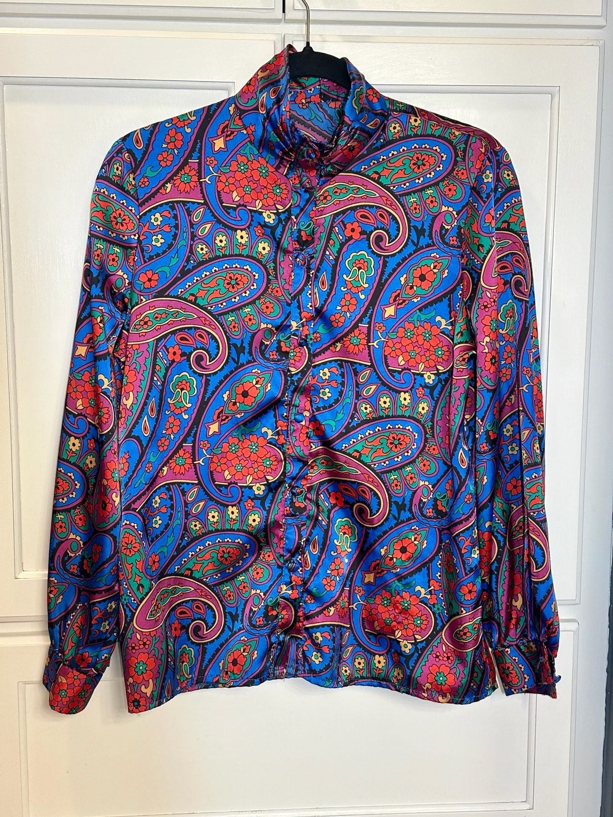 Vintage 1980s Nicola Paisley Satin Pleated Mock Neck Button Up Blouse
