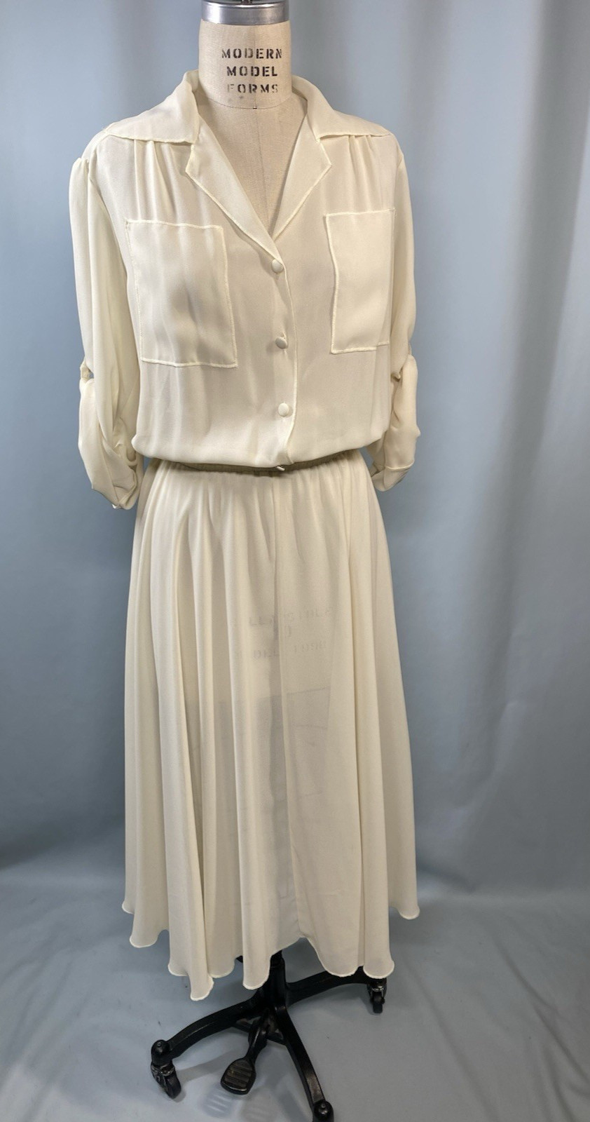Vintage Dress SIZE 11/12 LARGE ivory white georgette chiffon DIDA 70s 80s sheer