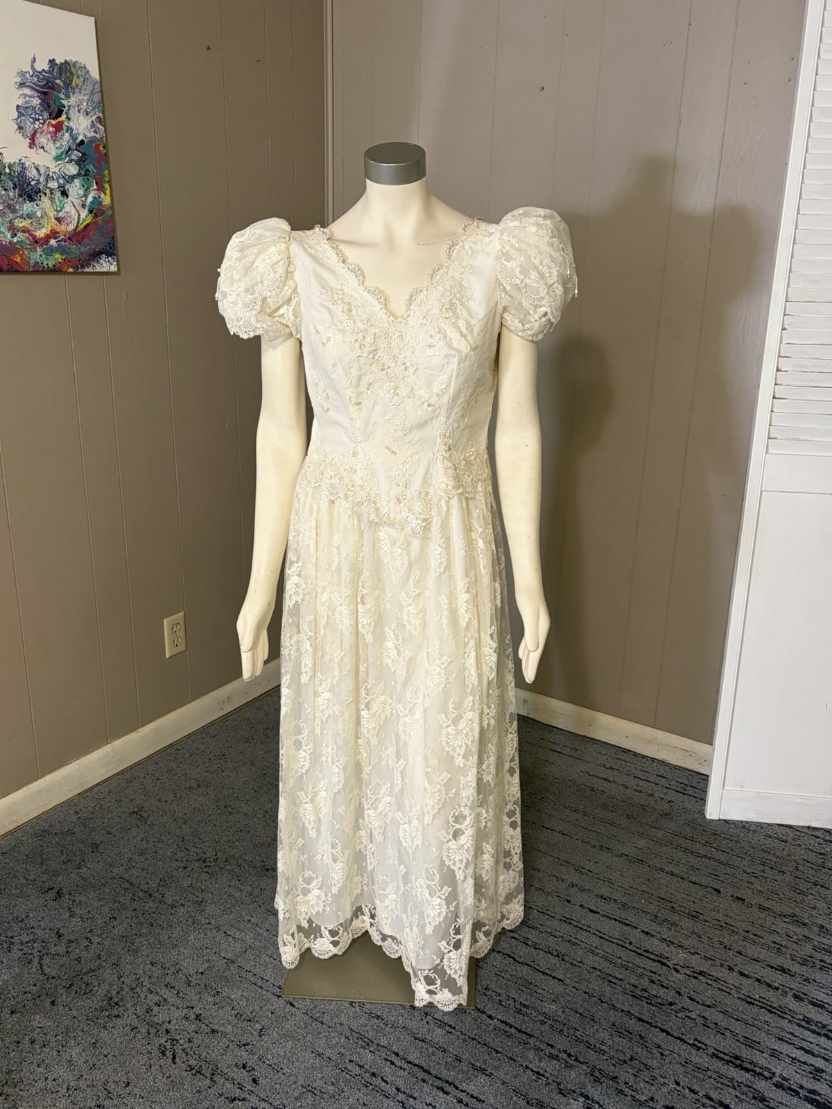 1990’s Puff Sleeve Lace Midi Wedding Dress Cottage Core Sz 12