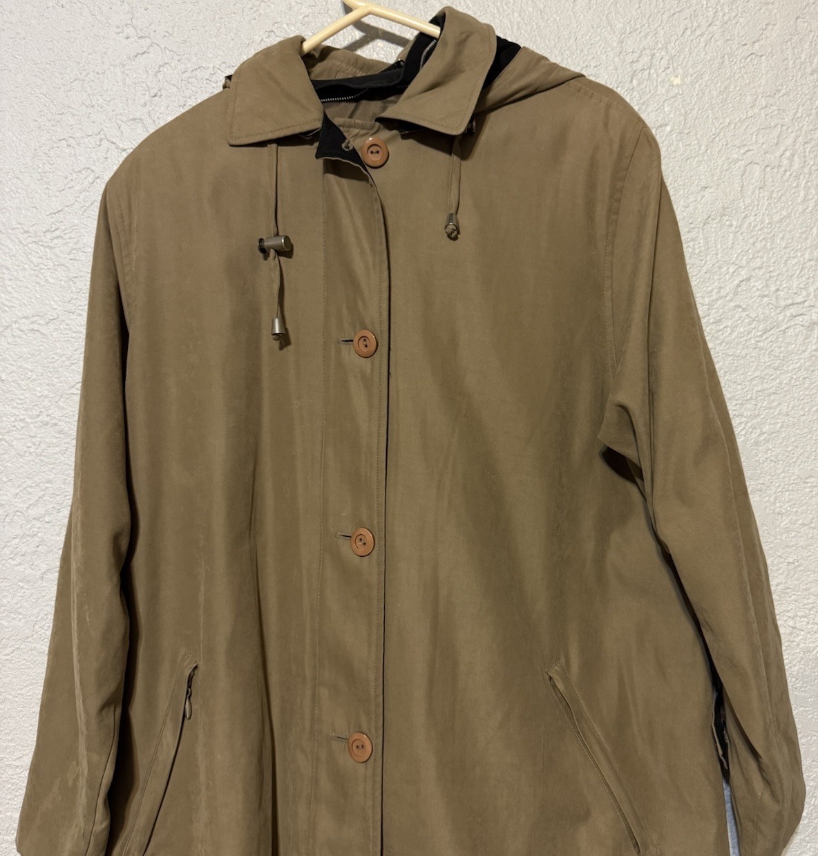 Vintage Women’s Khaki Trench Coat Button Up Vented Zip Pockets Hooded NO Liner