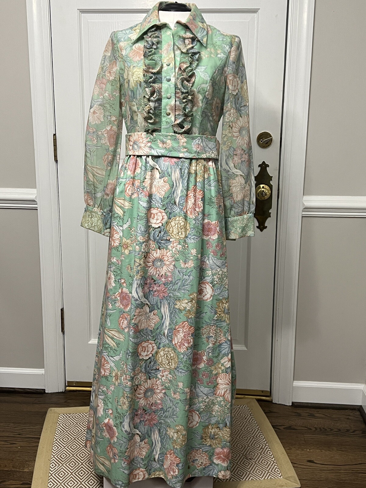 Vtg Eleanor Brenner Floral Long Sleeve 60’s Maxi Dress, Ruffles 32” Waist MCM