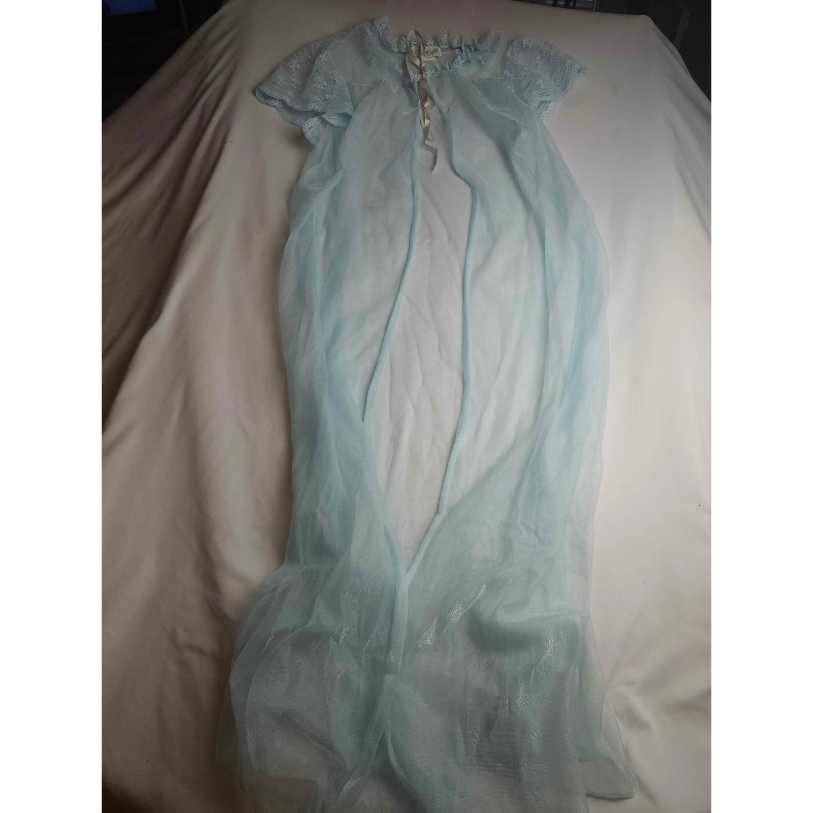 Vintage Spotlight New York Sheer Blue Lace Peignoir Robe Maxi Lingerie Large USA