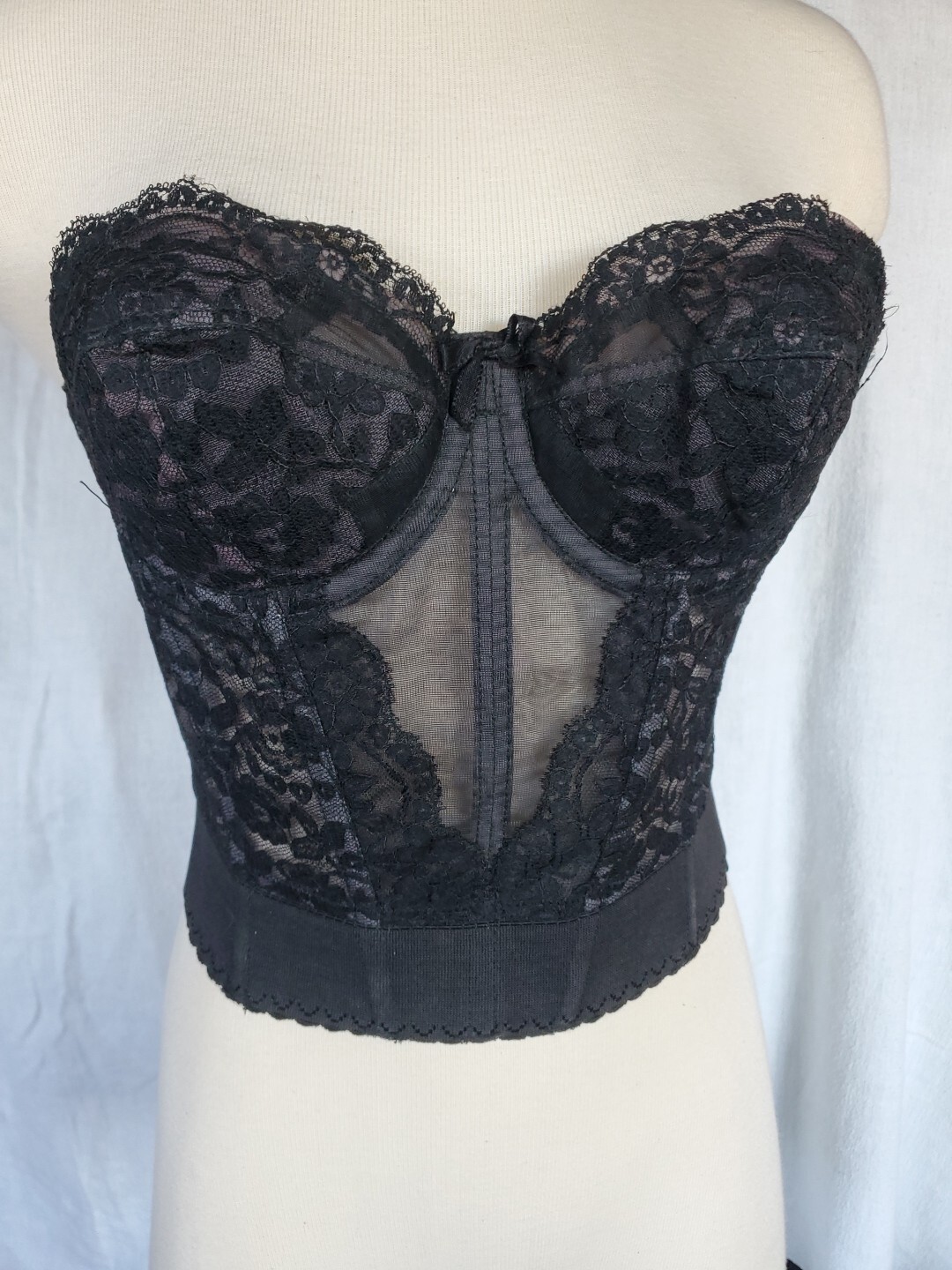 Vintage Bali Hi Bow Bra Black Lace Boustier 34B Strapless Push Up Sheer Sexy