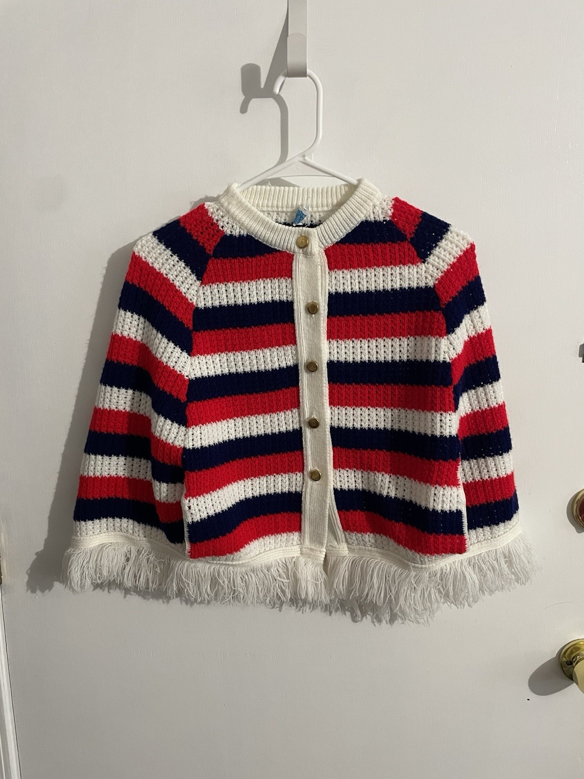 Vintage Turbo Acrylic Fiber Knit Cape Red White Blue Button Up Preowned Good