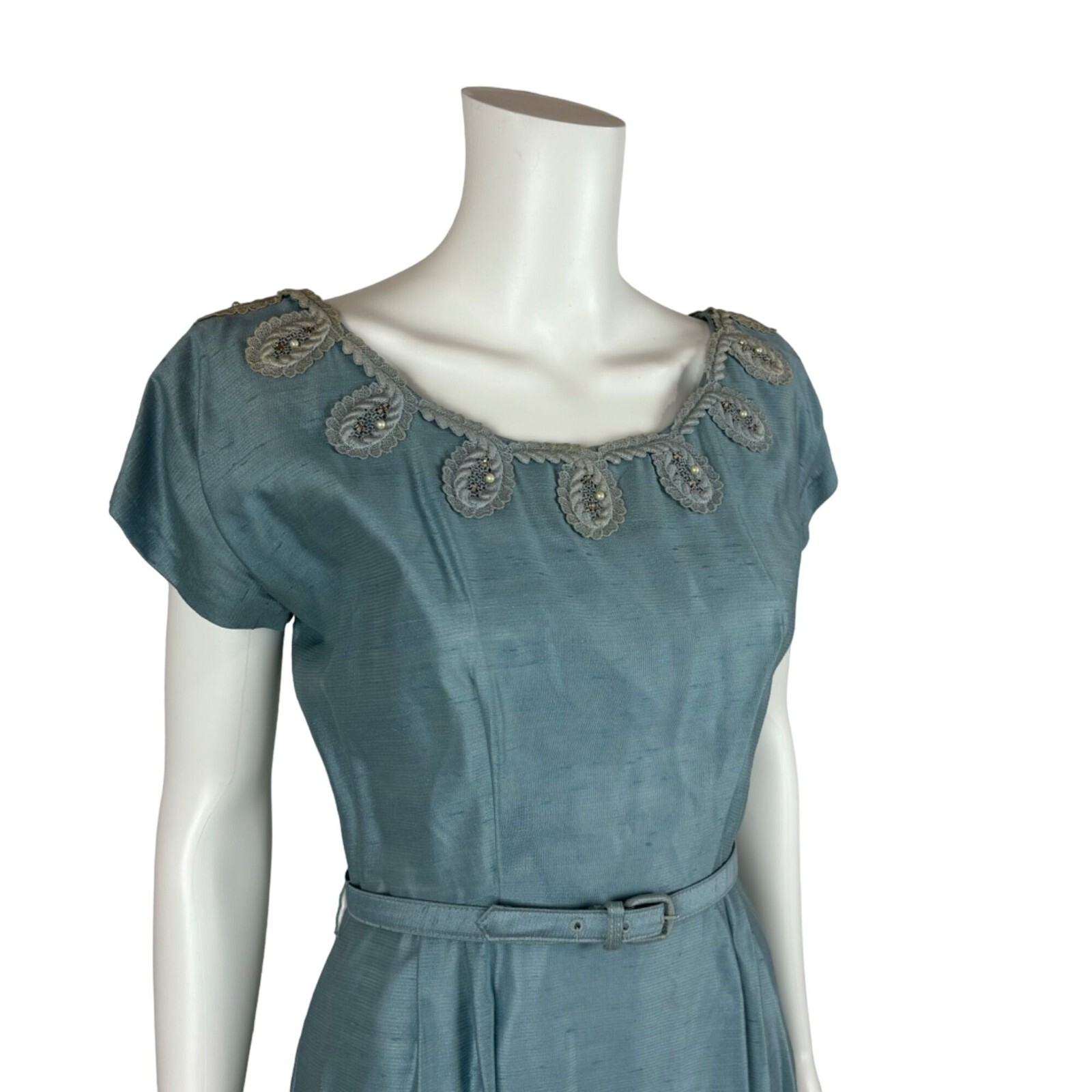 Vintage 1950s Dress Set Women’s Small Faux Silk Blue Cocktail Outfit Ann Kauffma