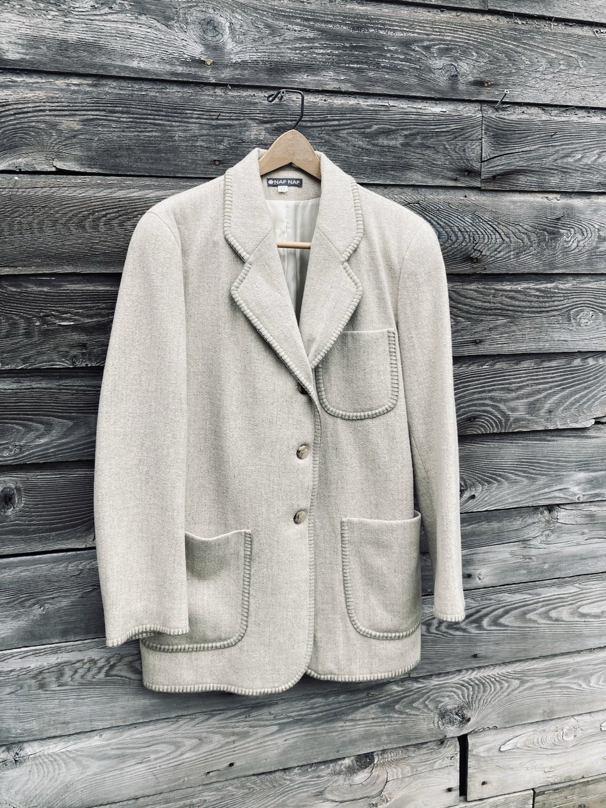 NAF NAF Wool Jacket Blazer Womens XL Vintage Cream Beige Whipstitch French