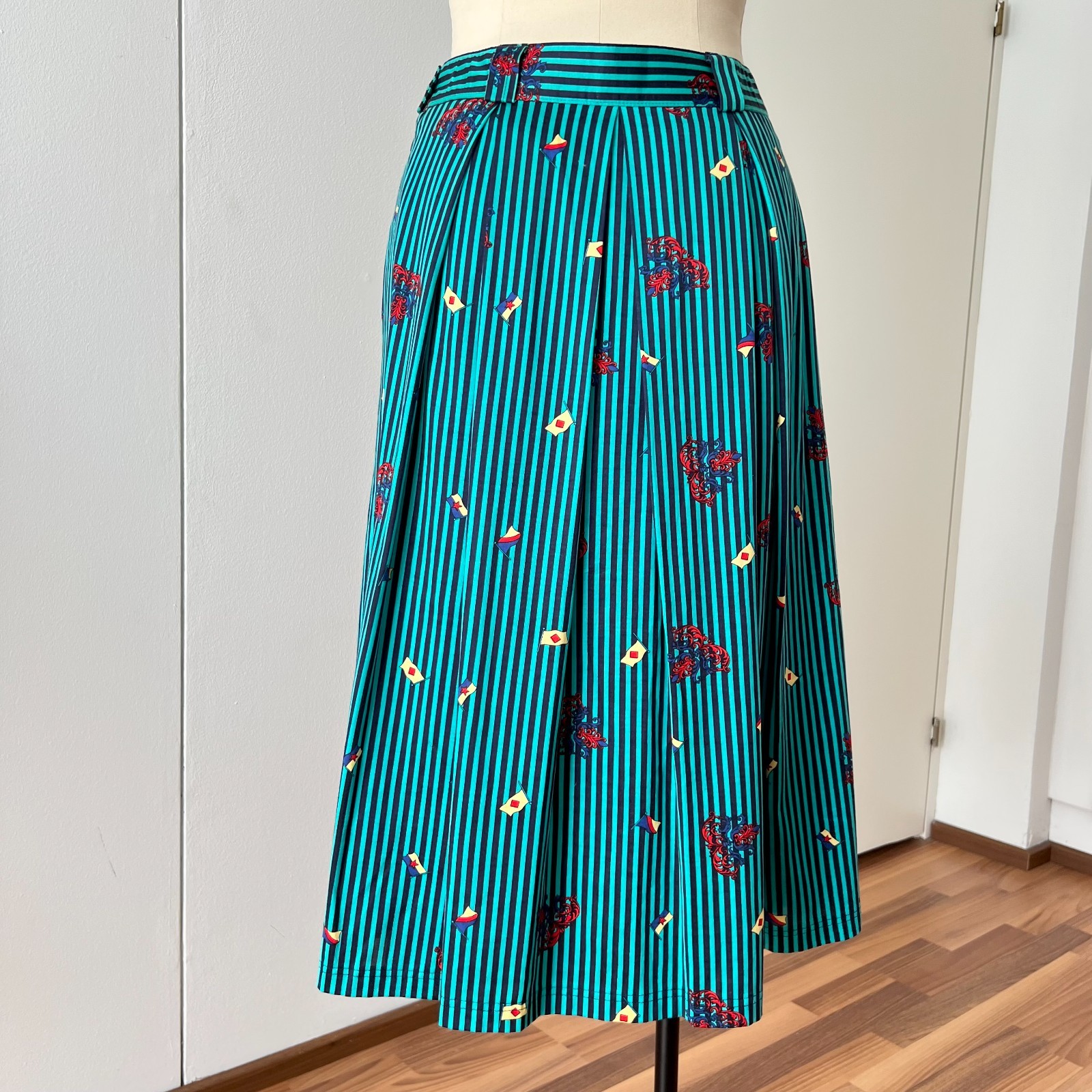 1980s BLEYLE Cotton Pleated High Waist Midi Skirt Preppy Summer Striped Aline 38