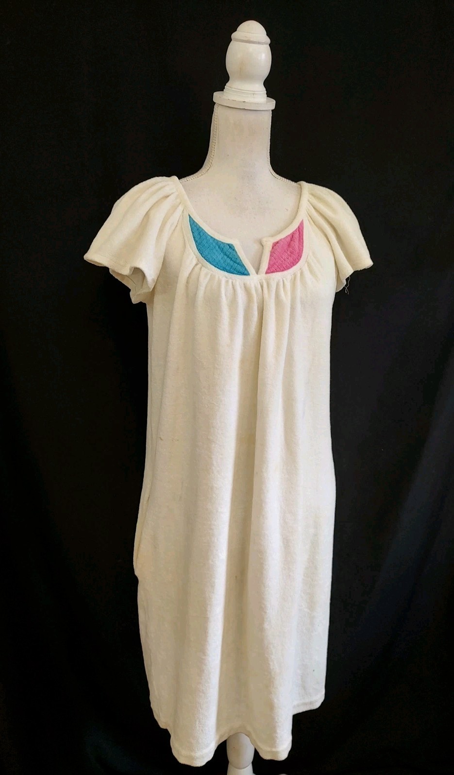 80’s Vintage House Dress Coverup Day Casual Style Terrycloth White Blue Pink S/M