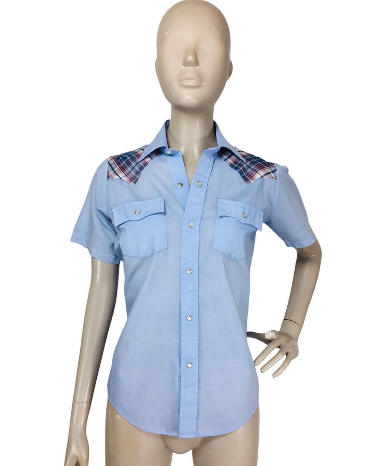 Vintage 50s 60s Rockabilly Western Cowgirl Plaid Shoulders Pearl Snap SS Top