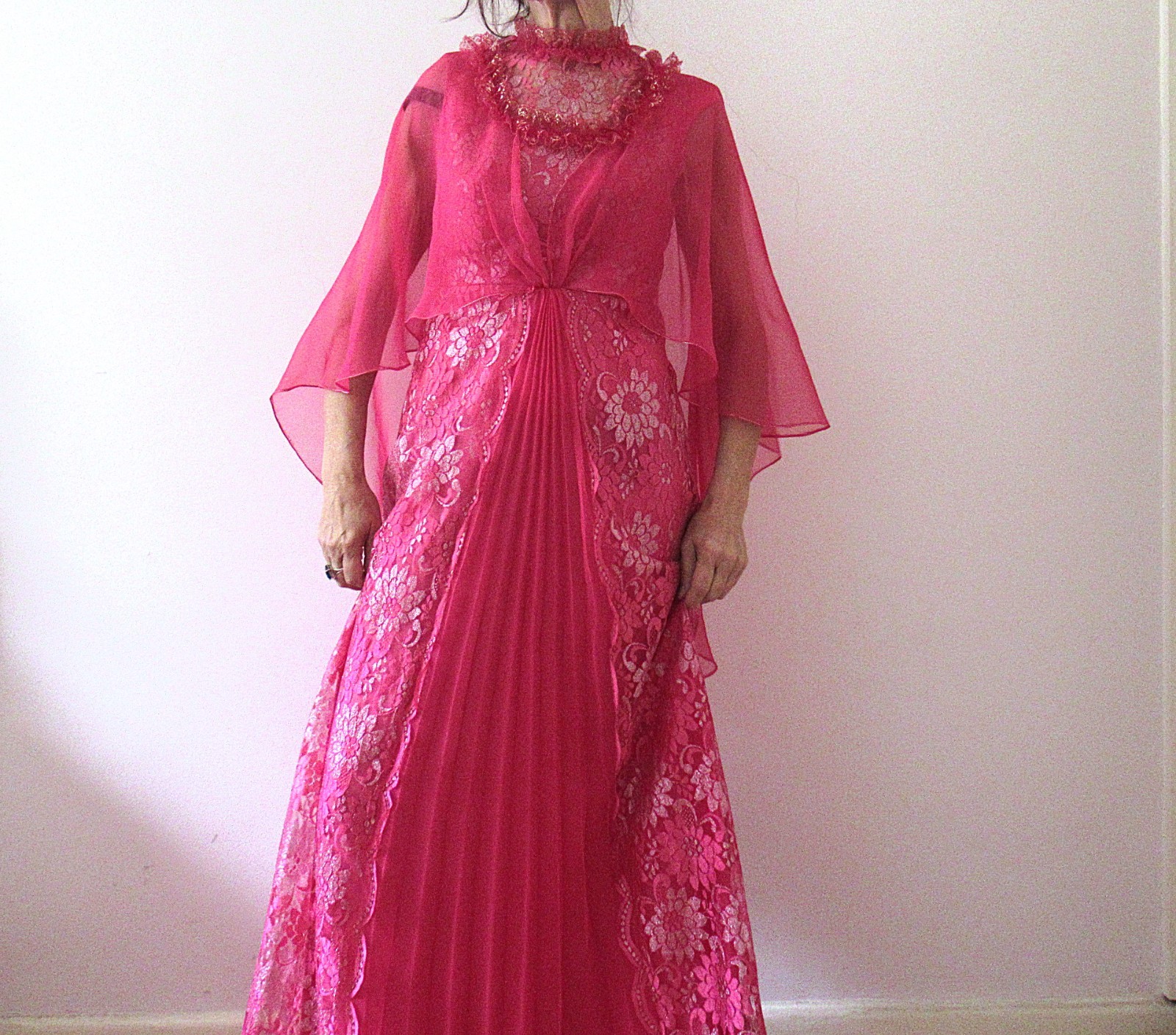 Vintage 70s Pink Lace Goddess Caplet Maxi Dress Small – Fairy Prom Party, Small