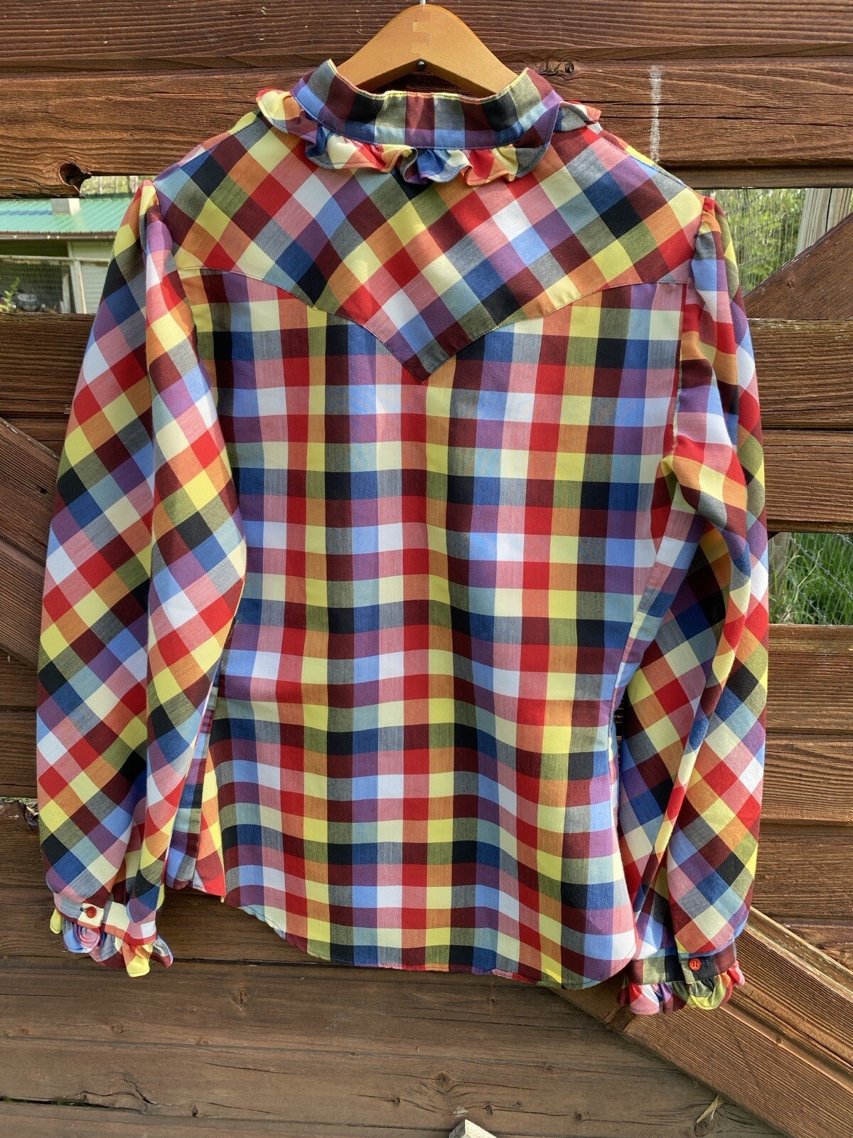 Vintage Panhandle Slim blouse Women’s Western Plaid Ruffle Red Yellow gingham
