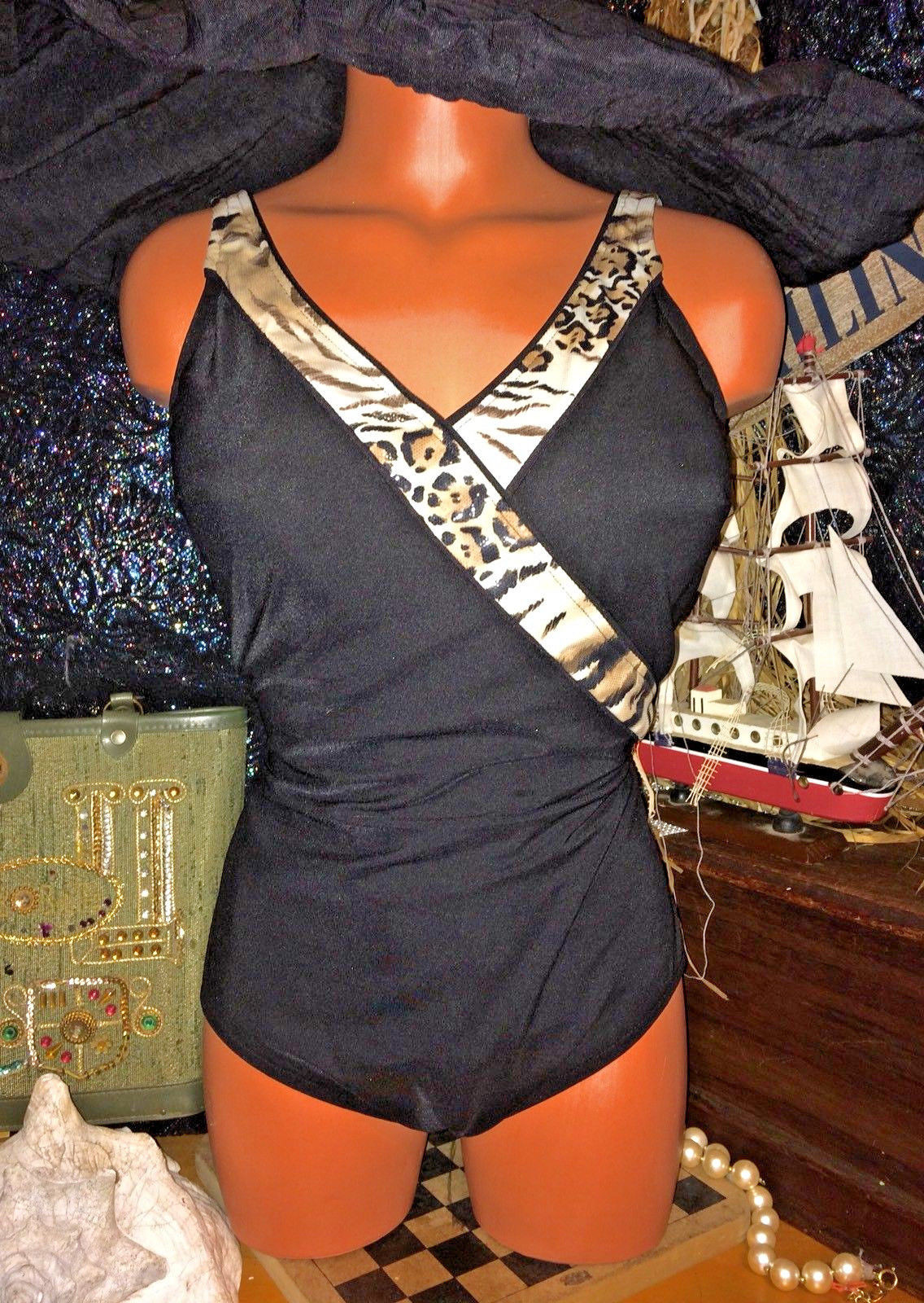 Vintage Rockabilly Sexy Pin Up D One Piece Animal Metallic Foil Swimsuit 36 L 14