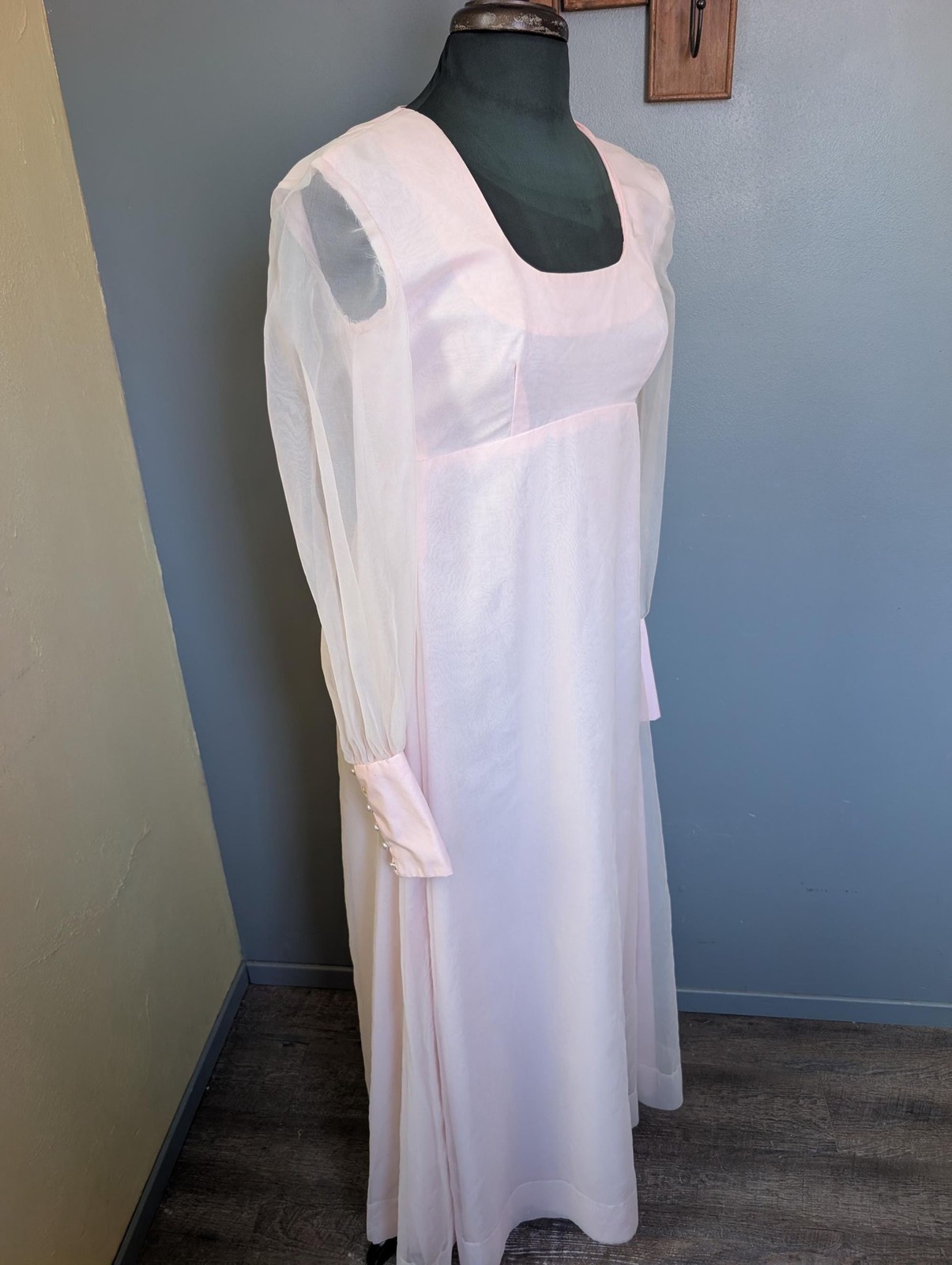 Vintage 70s Pink Empire Waist Maxi Dress; Formal Dress With Long Sleeves