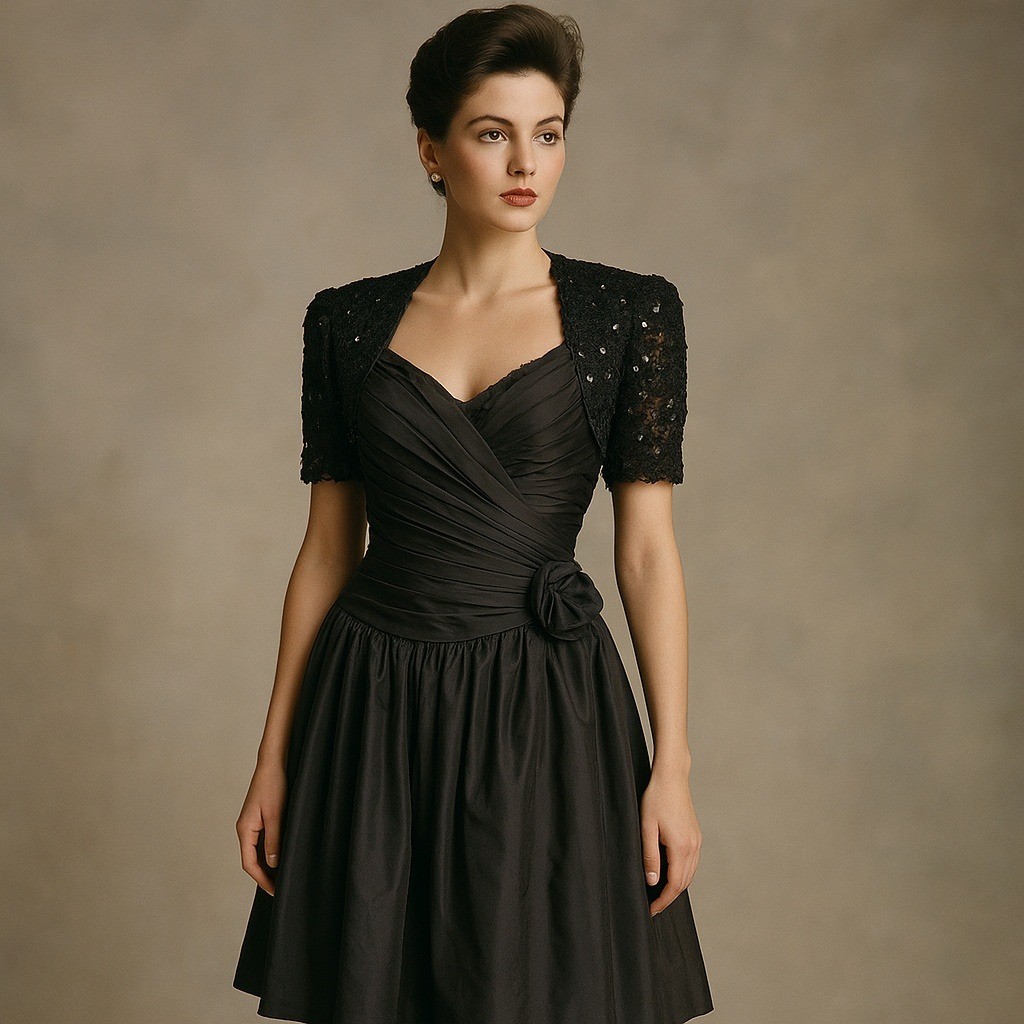 Vintage 80s 90s Tadashi Black Cocktail Dress Ruched Sequin Bolero DetailFormal