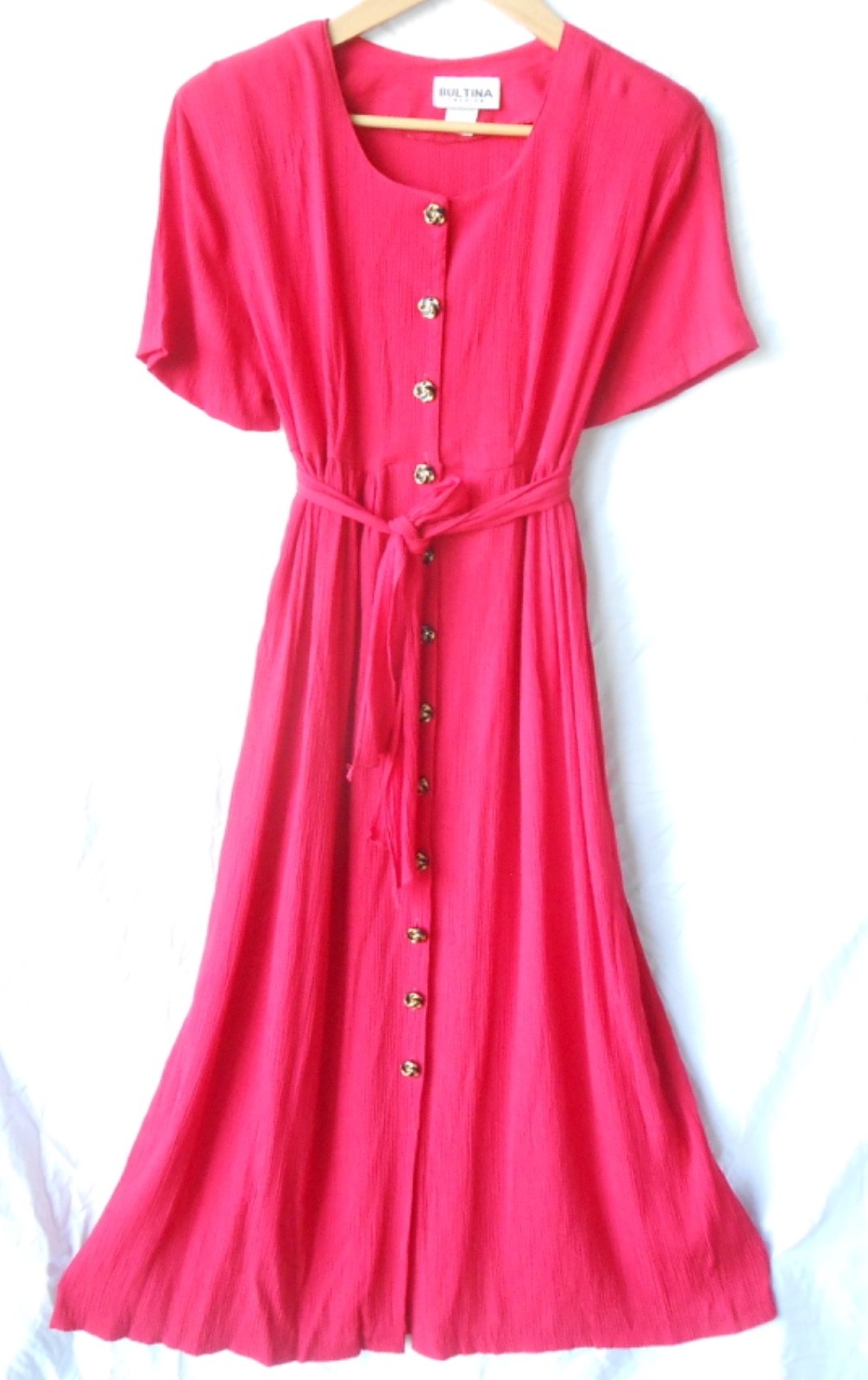 VTG Bultina USA Red Maxi Dress Short Sleeve Button Up Textured Rayon Women’s L