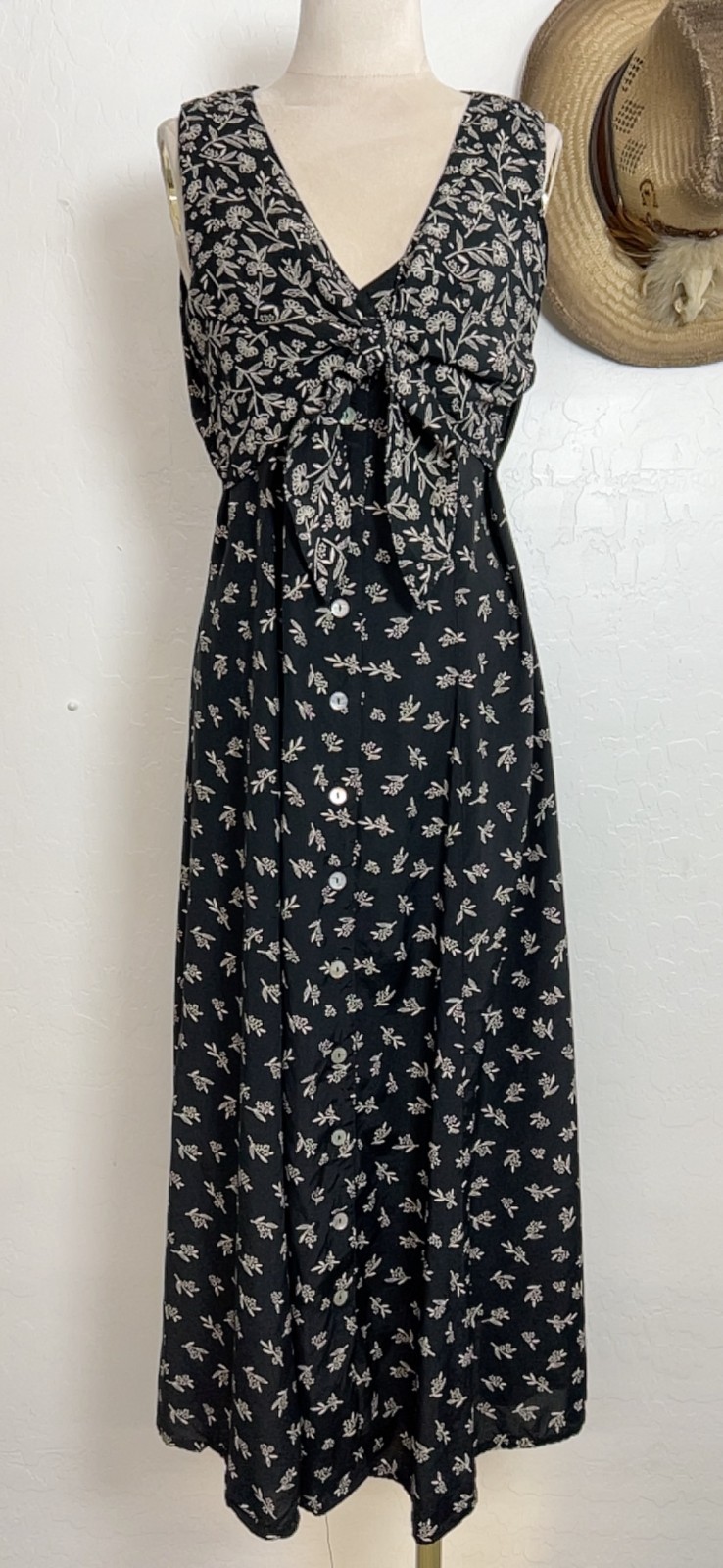 Vintage Robbie Bee Dress 10 Black Floral Rayon Button Front Tie Midi 90s Grunge