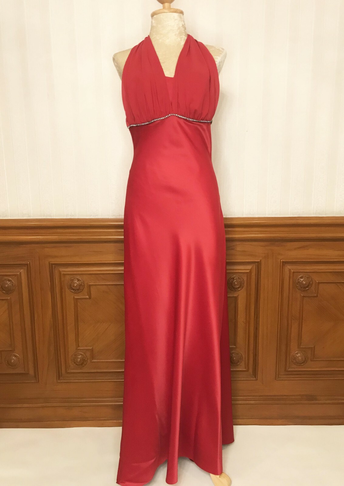 Vintage Eureka Red Satin Halter Prom Wedding Party Formal Dress Gown Sz M USA