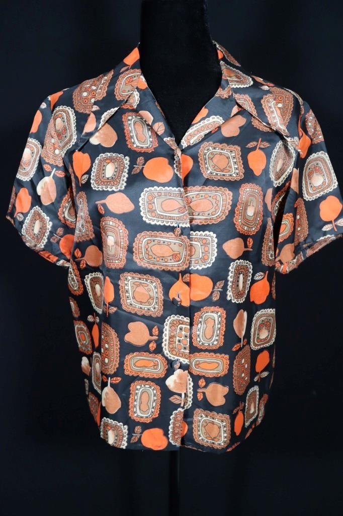Vintage 1970’s French Silky Poly Vivid Geo Print Blouse Size Large