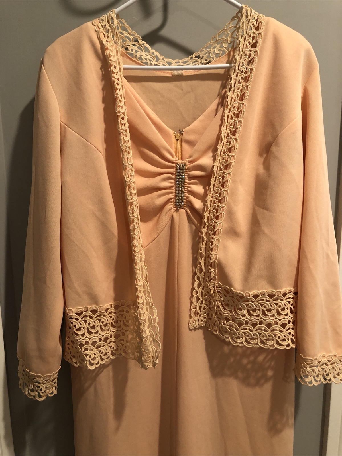 VTG Miss Rubette Long Peach Dress Rhinestone And Coat Sz 16