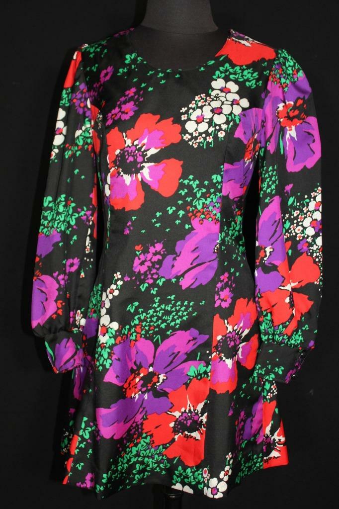 VINTAGE FRENCH 1980’S BLACK COLORFUL FLORAL PRINT MINI DRESS SIZE 6