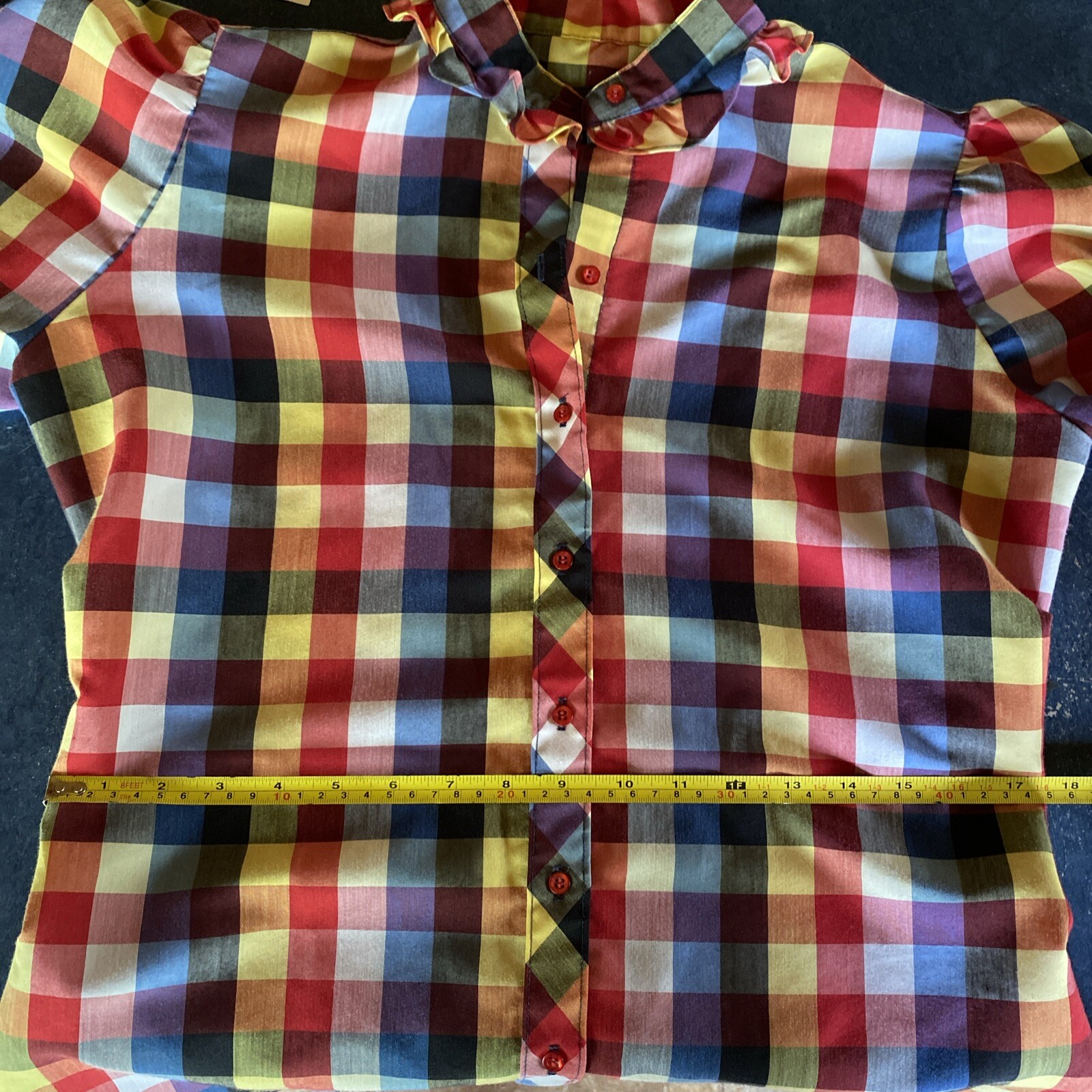 Vintage Panhandle Slim blouse Women’s Western Plaid Ruffle Red Yellow gingham