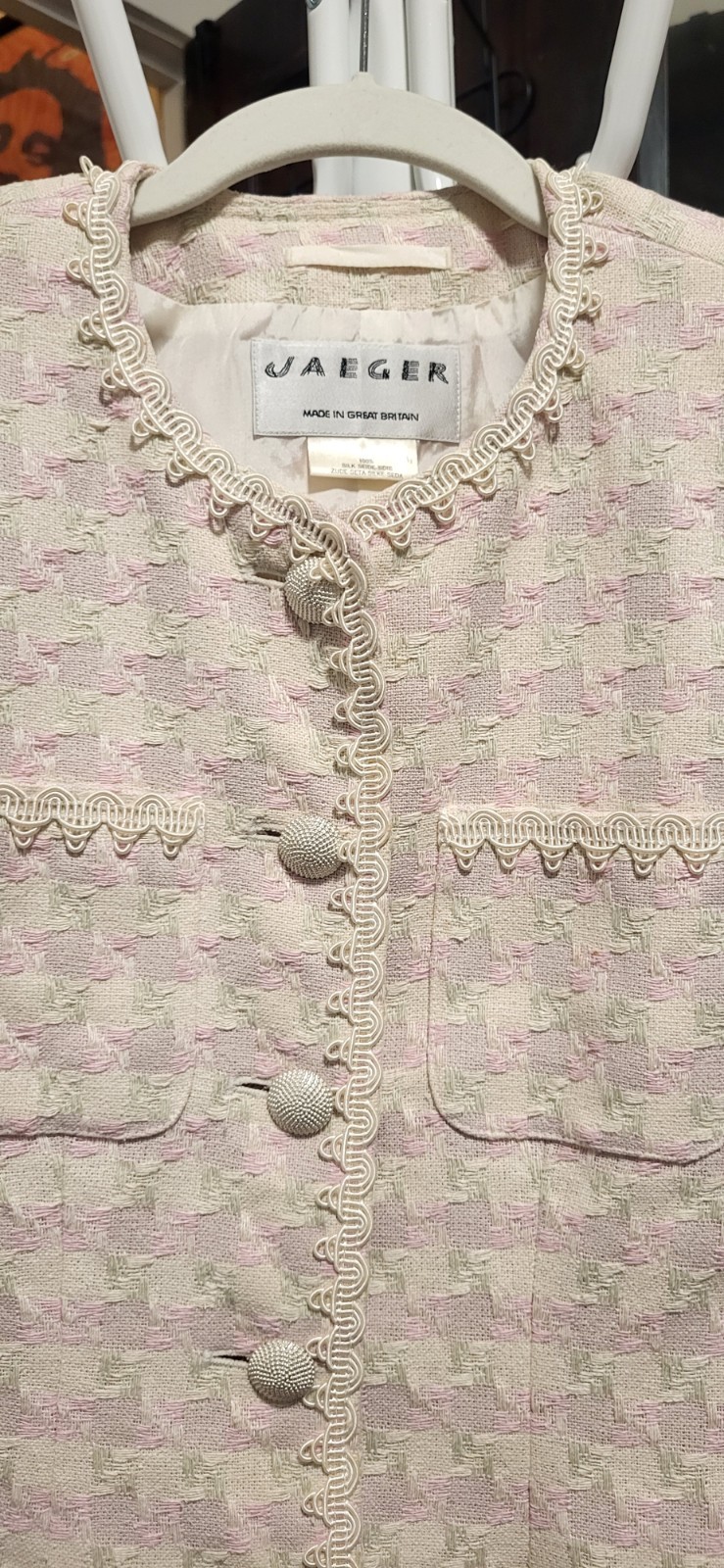 Vintage JAEGER Great Britain Pink & Beige Silk Tweed Jacket (6)& Skirt (8) Suit
