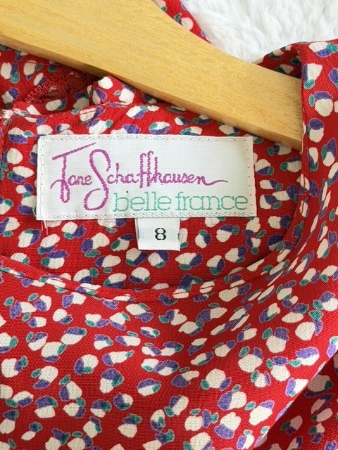 Vintage Jane Schaffhausen Belle France Rayon Dress Red Floral Ruffle Size 8 USA