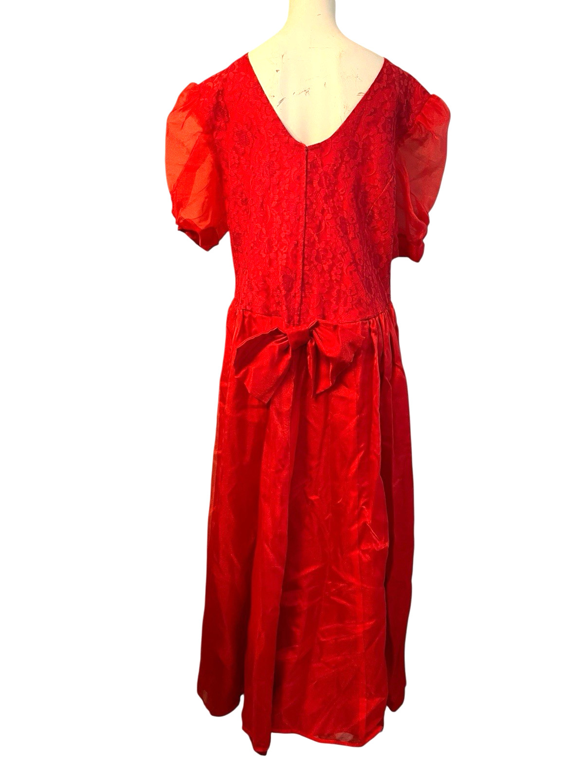 XL Red Puff Sleeve Lace Satin Bow Retro Gown 1950s Handmade Tulle Maxi Dress