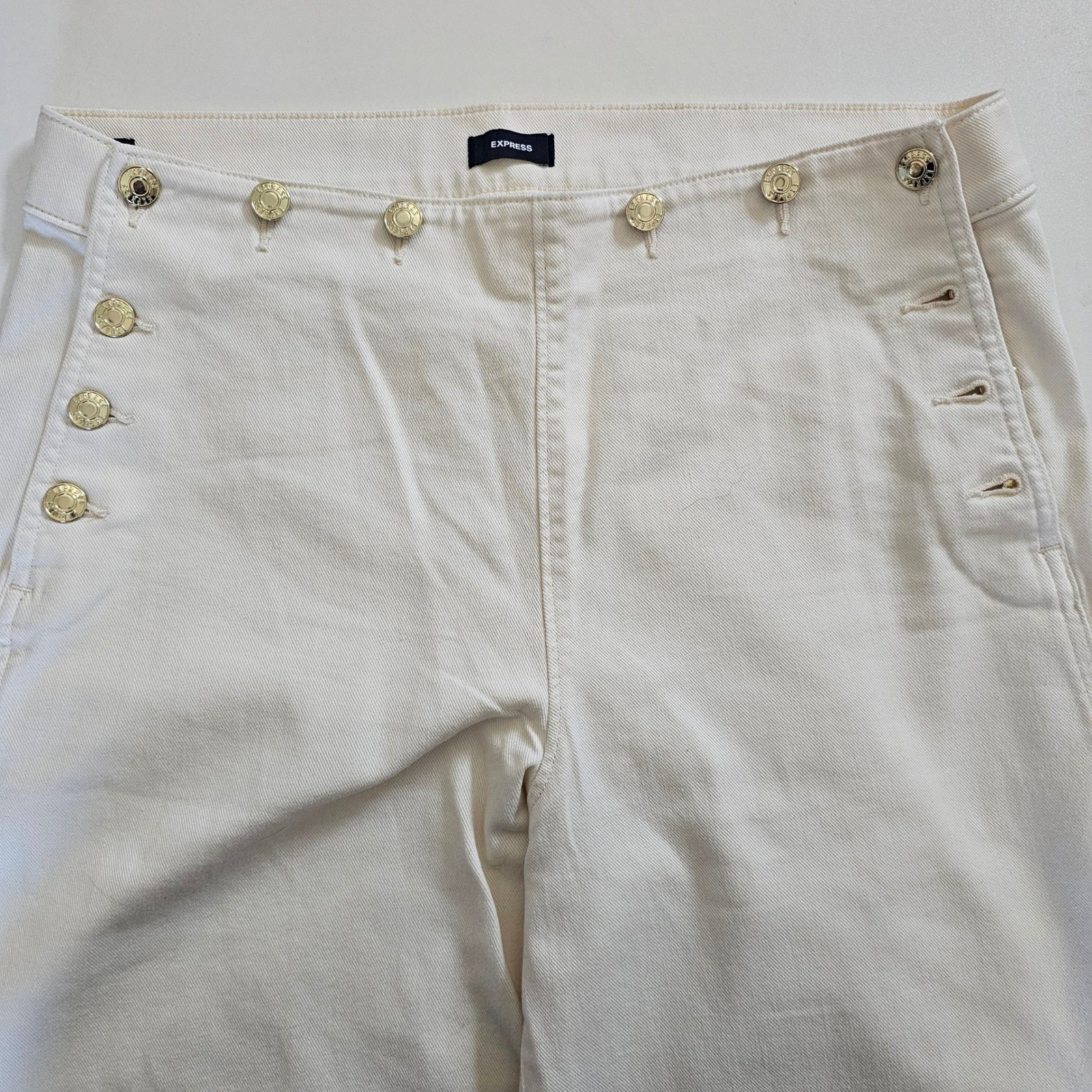 Express wide leg 12 long cream jean sailor old money classic preppy gold button
