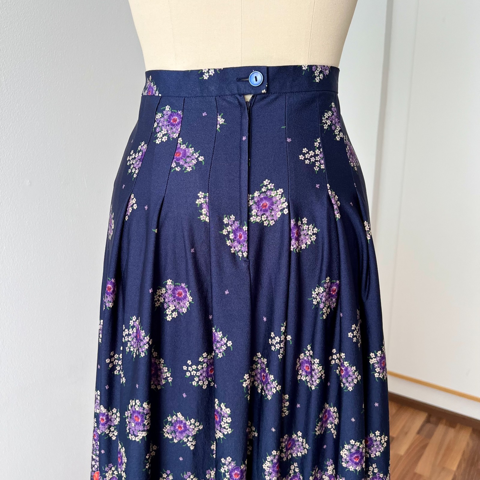 1970s Floral Pleated Maxi Skirt High Waist Boho Prairie Cottagecore Long Aline