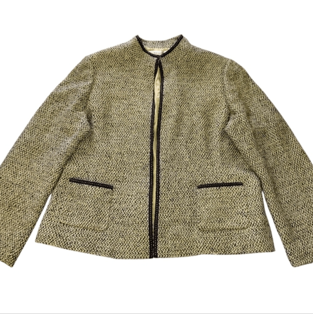 VTG Tahari Green Black Herringbone Tweed Open Front Blazer Plussize 18
