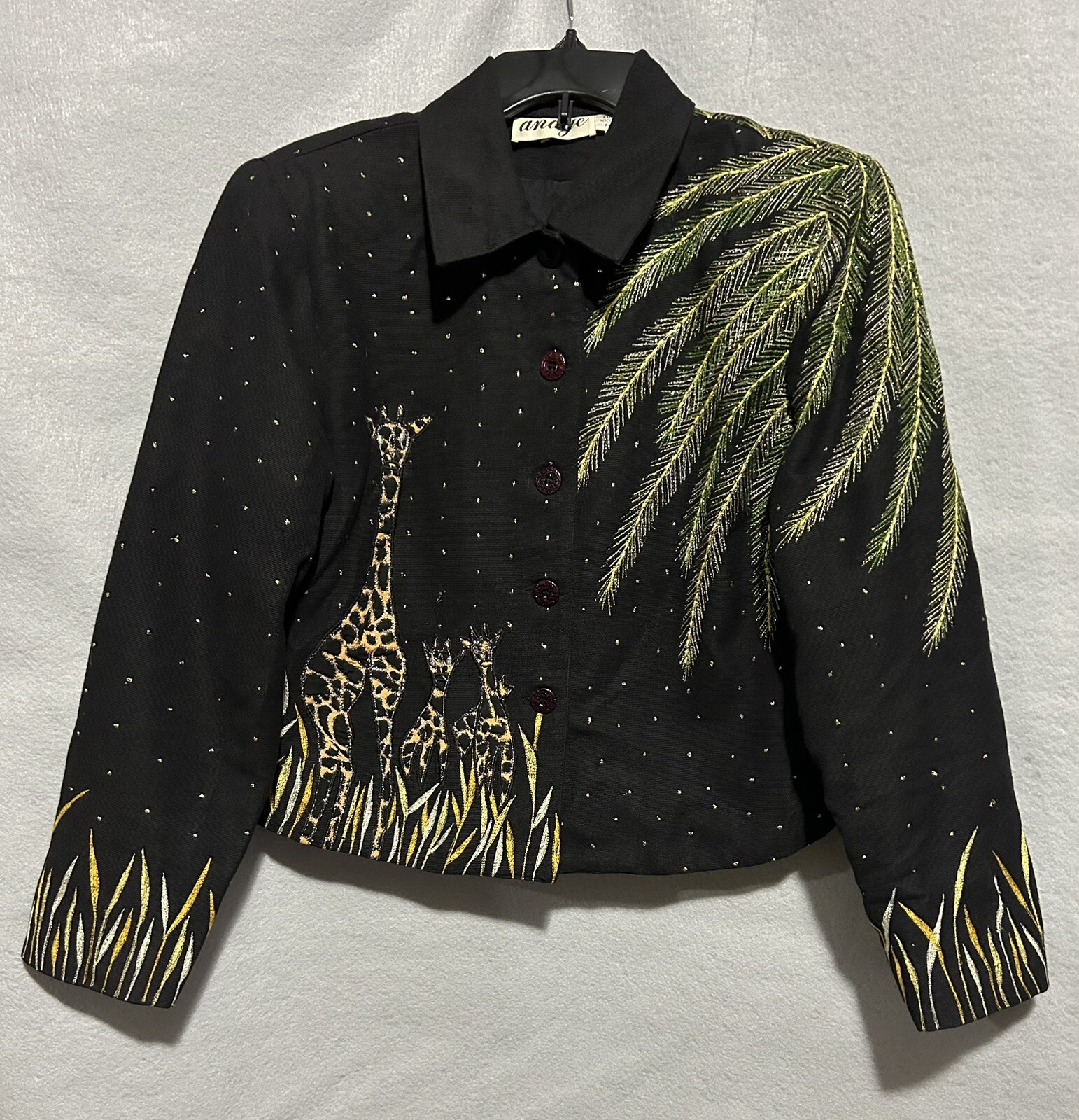 ANAGE Giraffe Safari Embroidered Blazer, Size Sm. Black Metallic VTG Art to Wear