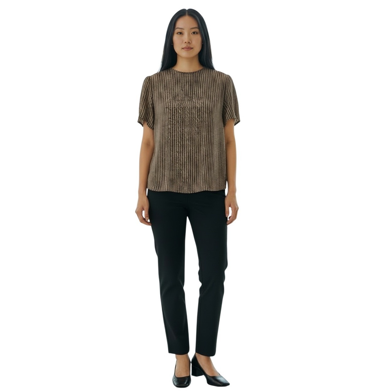 Hana Sung Vintage 100% Silk Blouse Brown Abstract Print Short Sleeve Top Large