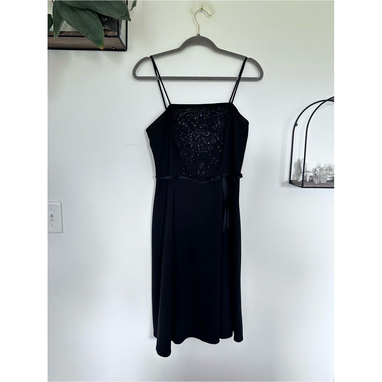 Vintage CDC Black Beaded Spaghetti Strap Knee Length Dress Size 6