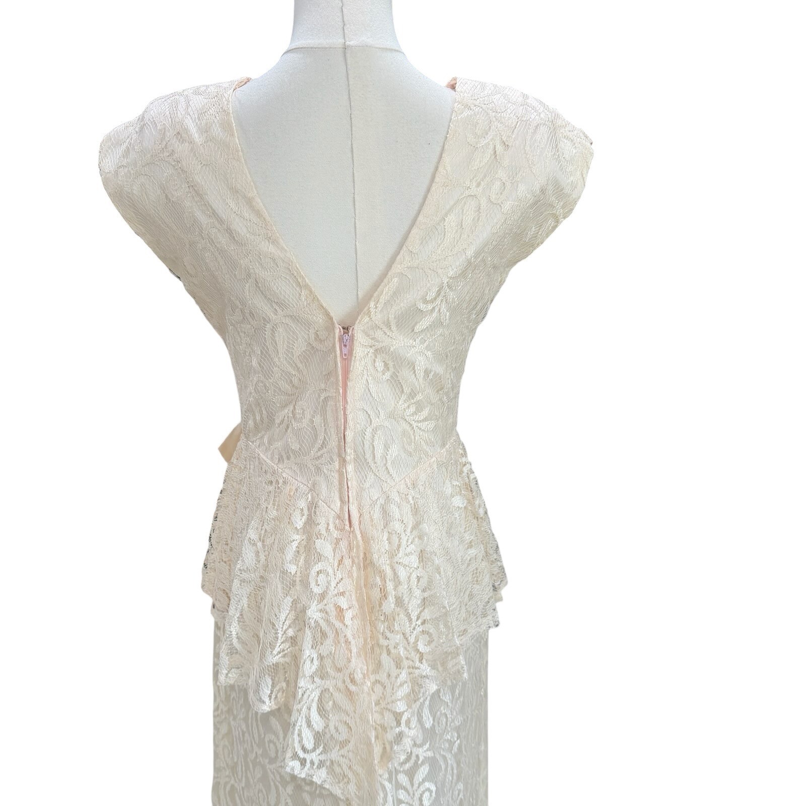 Vintage Zum Zum Lace Peplum Midi Dress Ivory Cream Bow Handkerchief Hem Bridal